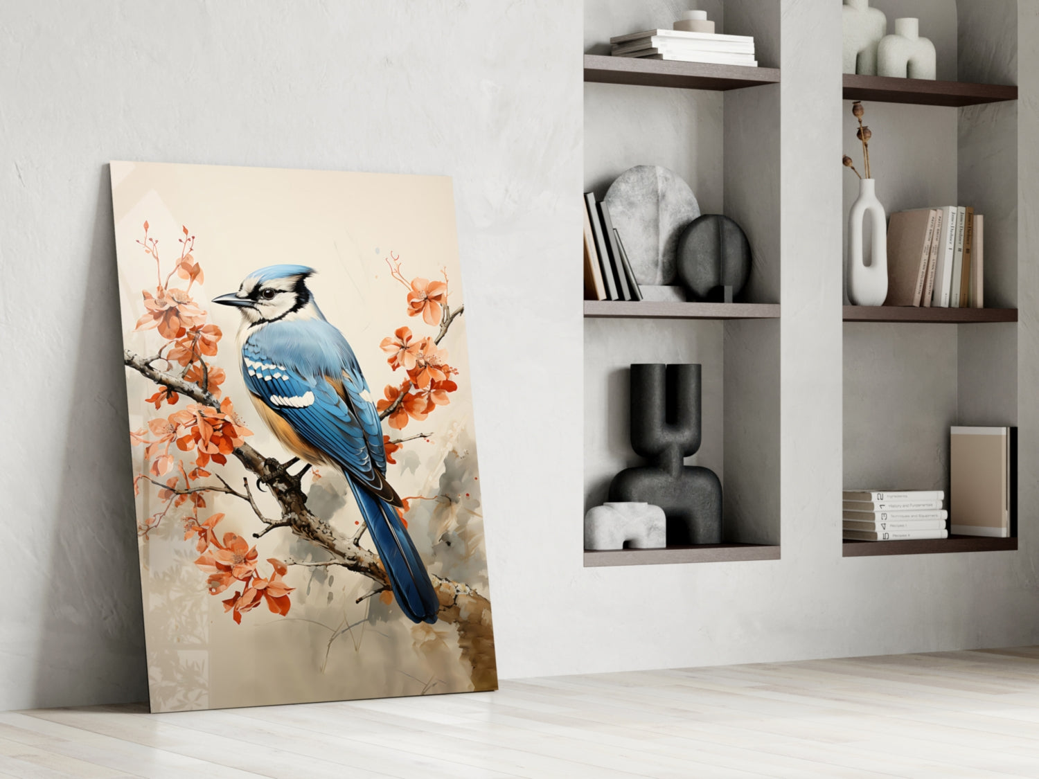 Blue Bird on Coral Blossom Branch Glass Wall Art