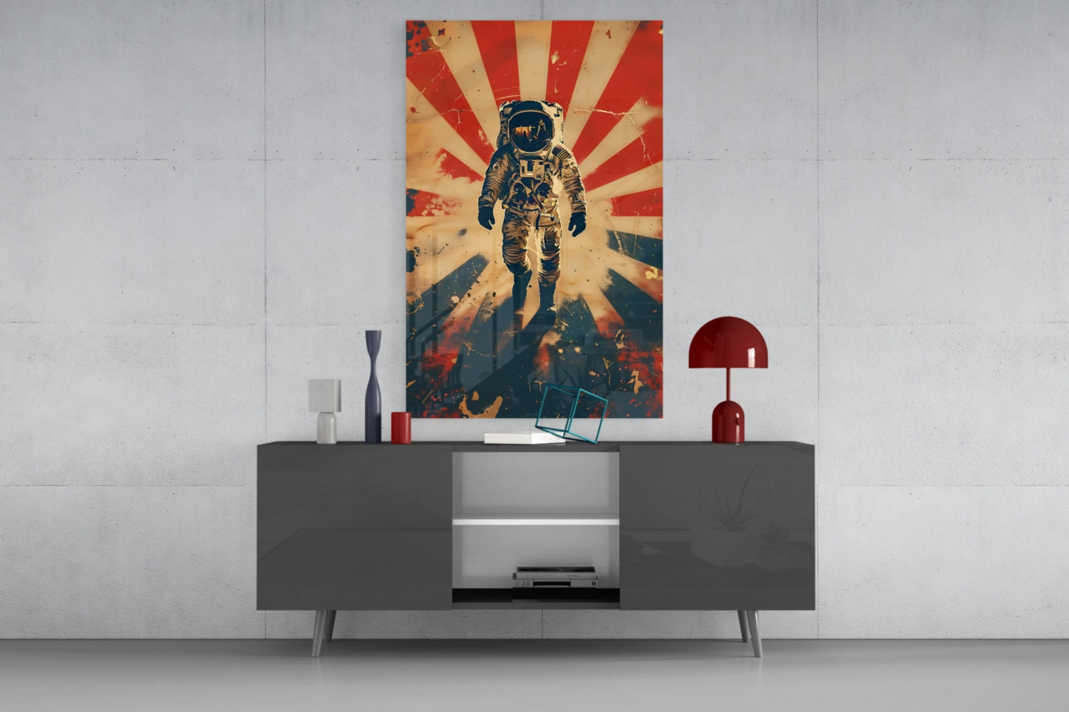 Retro Sun Rays Astronaut Glass Wall Art