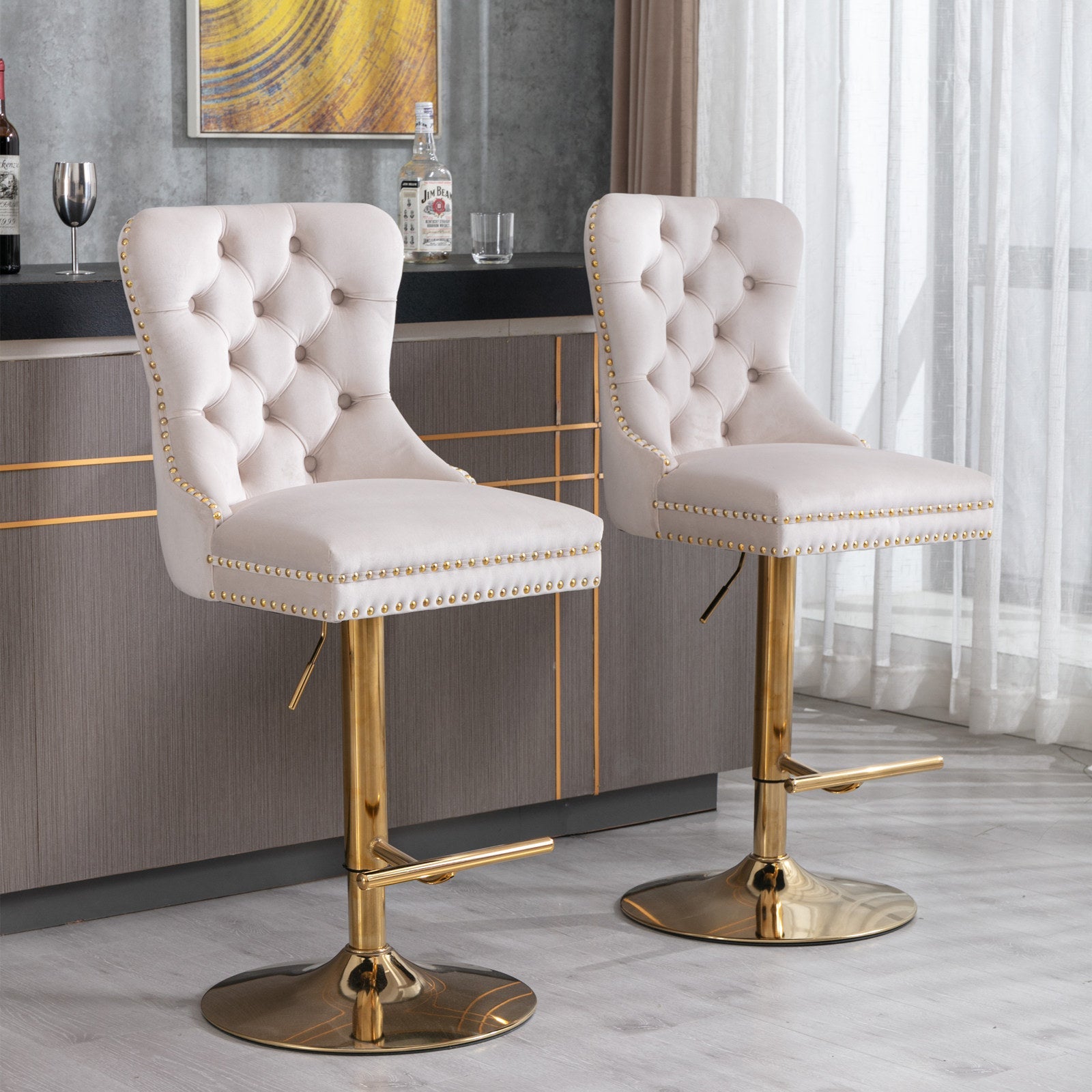 Set of 2 Thick Golden Swivel Velvet Barstools-1