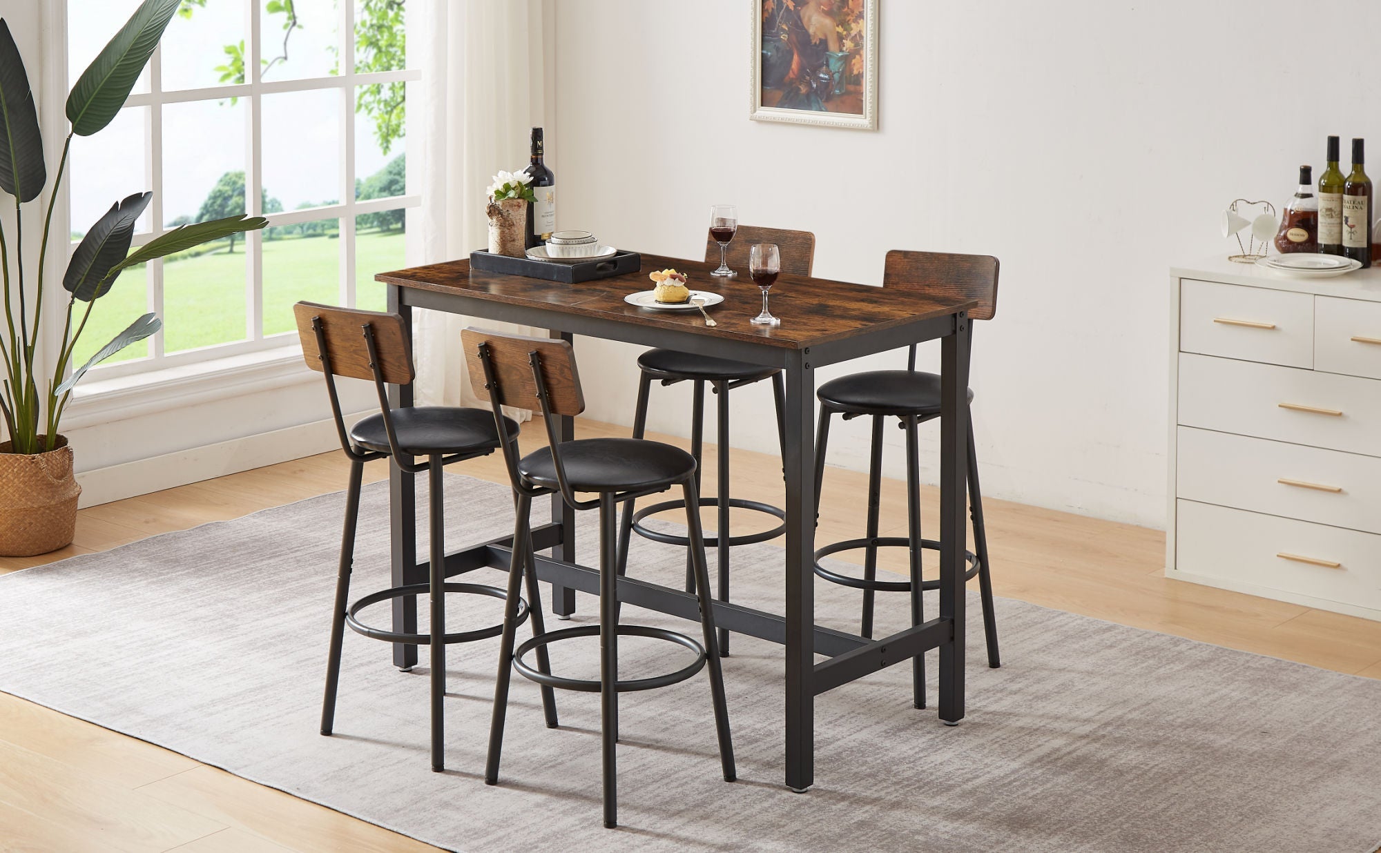 Bar Table Set with 4 Bar stools PU Soft seat with backrest, Rustic Brown-4