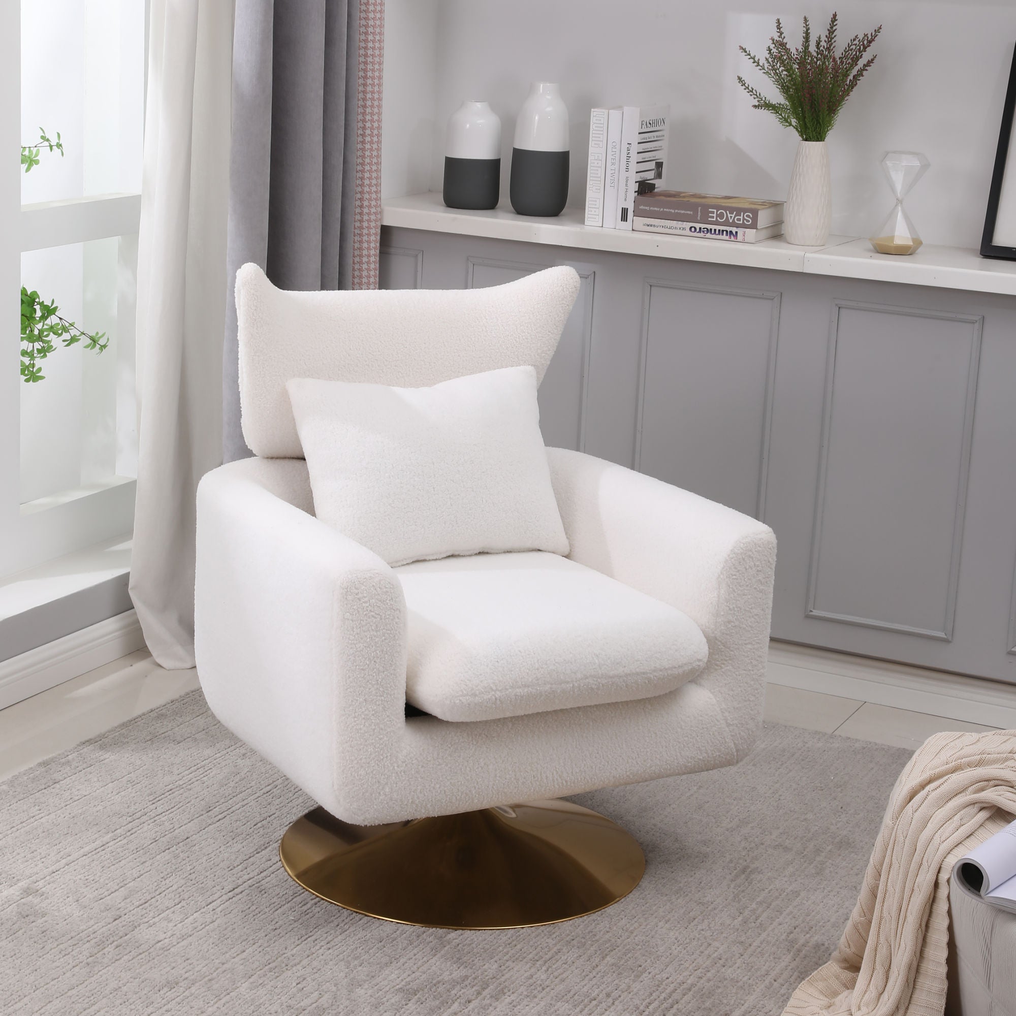 Classic Mid-Century 360-degree Swivel Accent Chair, White Teddy Fabric-1