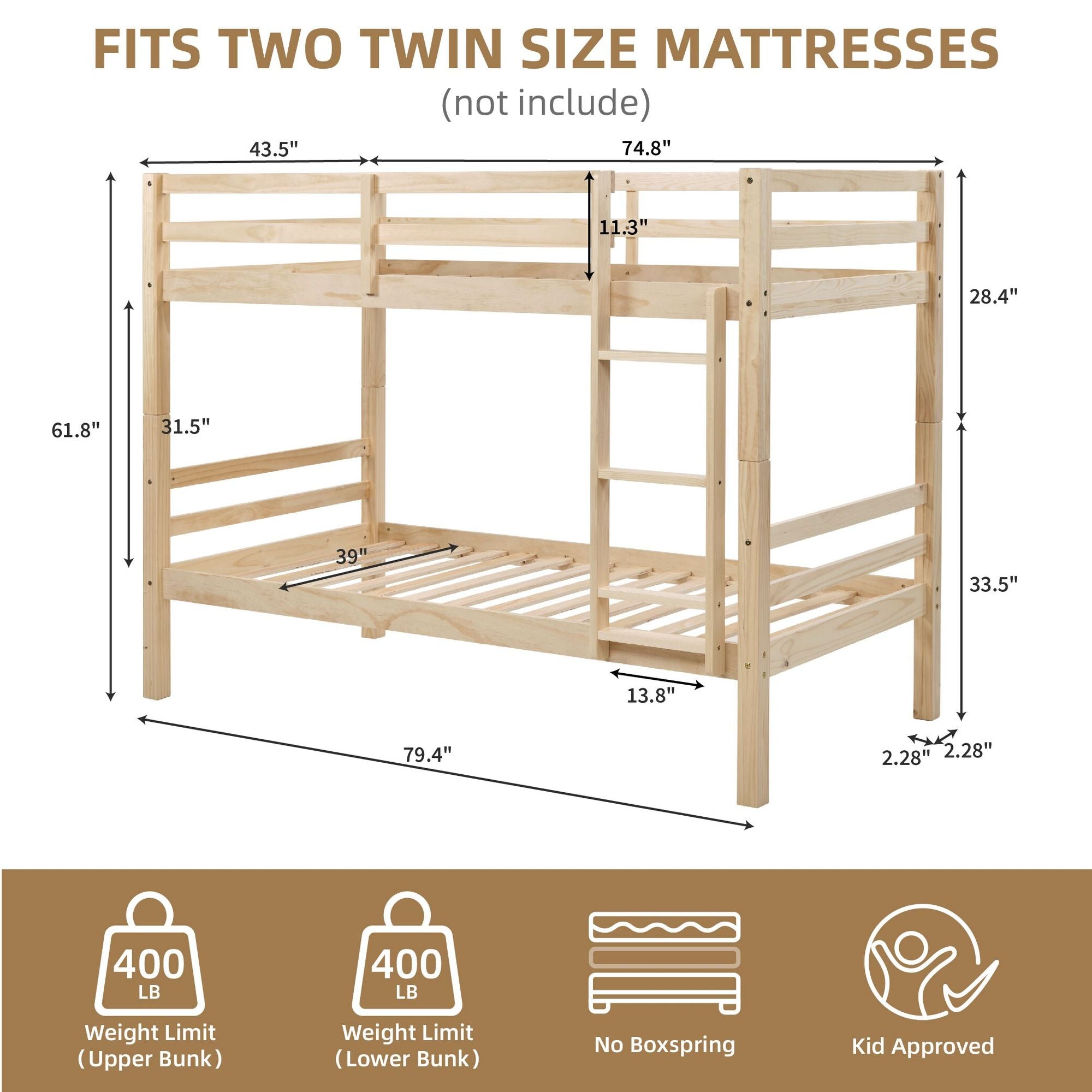 Twin Over Twin Wood Bunk Bed with Safety Rails - Natural - Just Better Bunk Beds