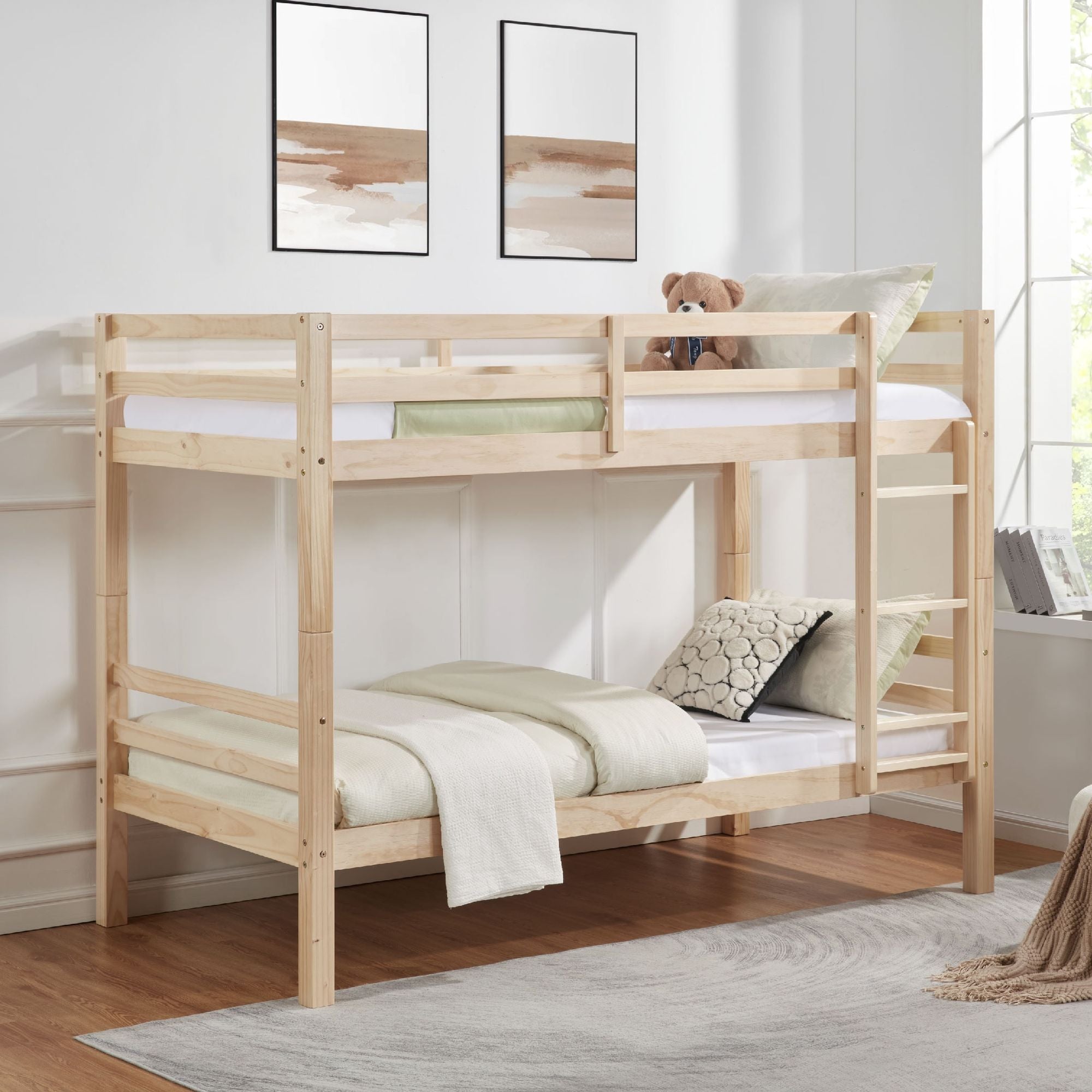 Twin Over Twin Wood Bunk Bed with Safety Rails - Natural - Just Better Bunk Beds