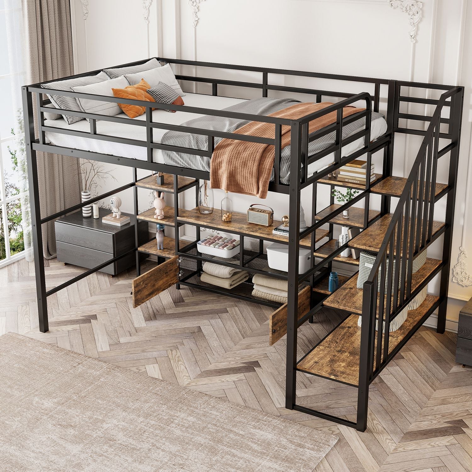 Full Metal Loft Bed with Storage Stairs - Black - Just Better Bunk Beds