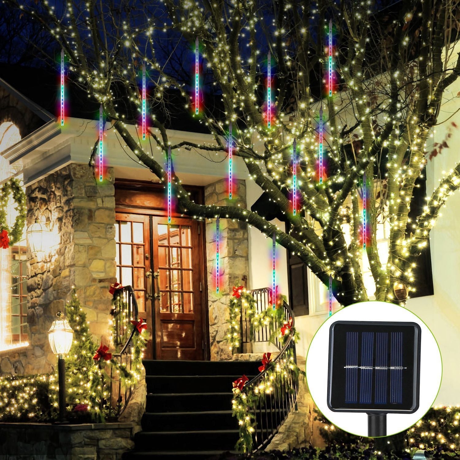 8 Pcs Solar Powered Meteor Shower String Lights 9.84FT Falling Raindrop Tube-6