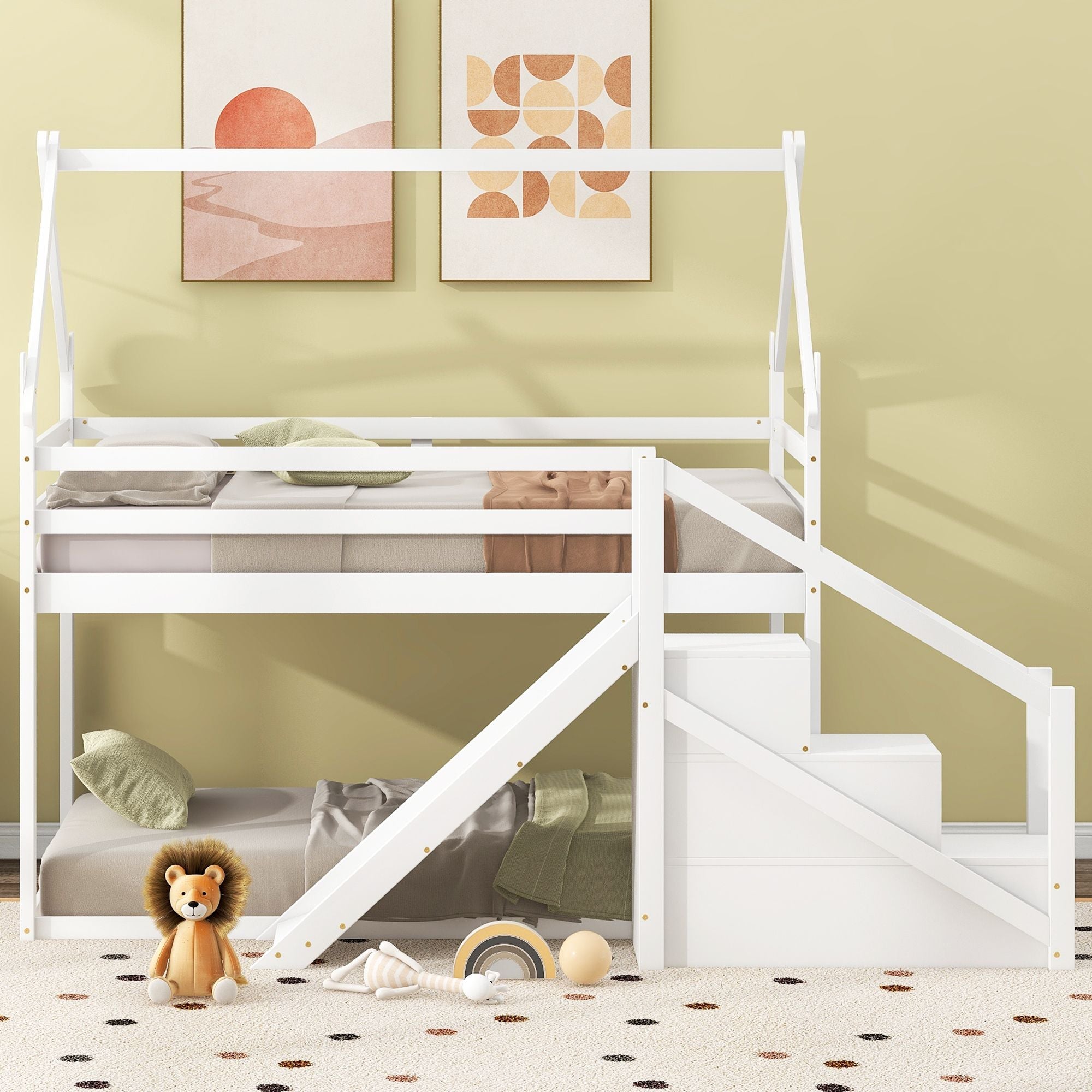 Kids Bedroom Twin Over Twin Wood House Loft Bed with Slide and Staircase, White | Just Better Bunk Beds