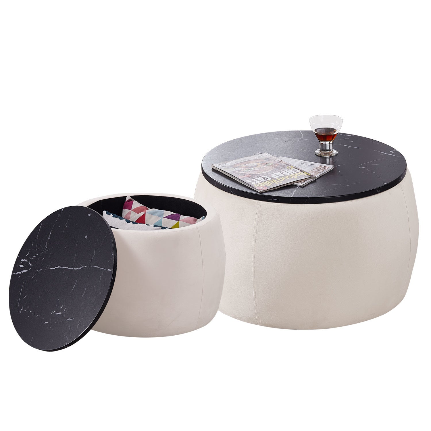 Set of 2 Nesting Round Storage Ottoman, Coffee TableS Footstool with MDF Cover-0