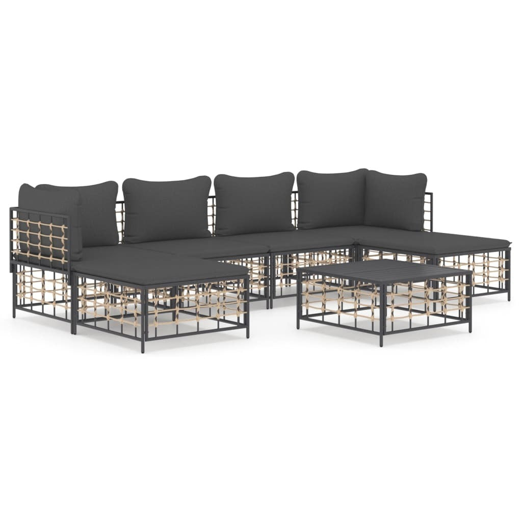 7 Piece Patio Lounge Set with Cushions Anthracite Poly Rattan-0