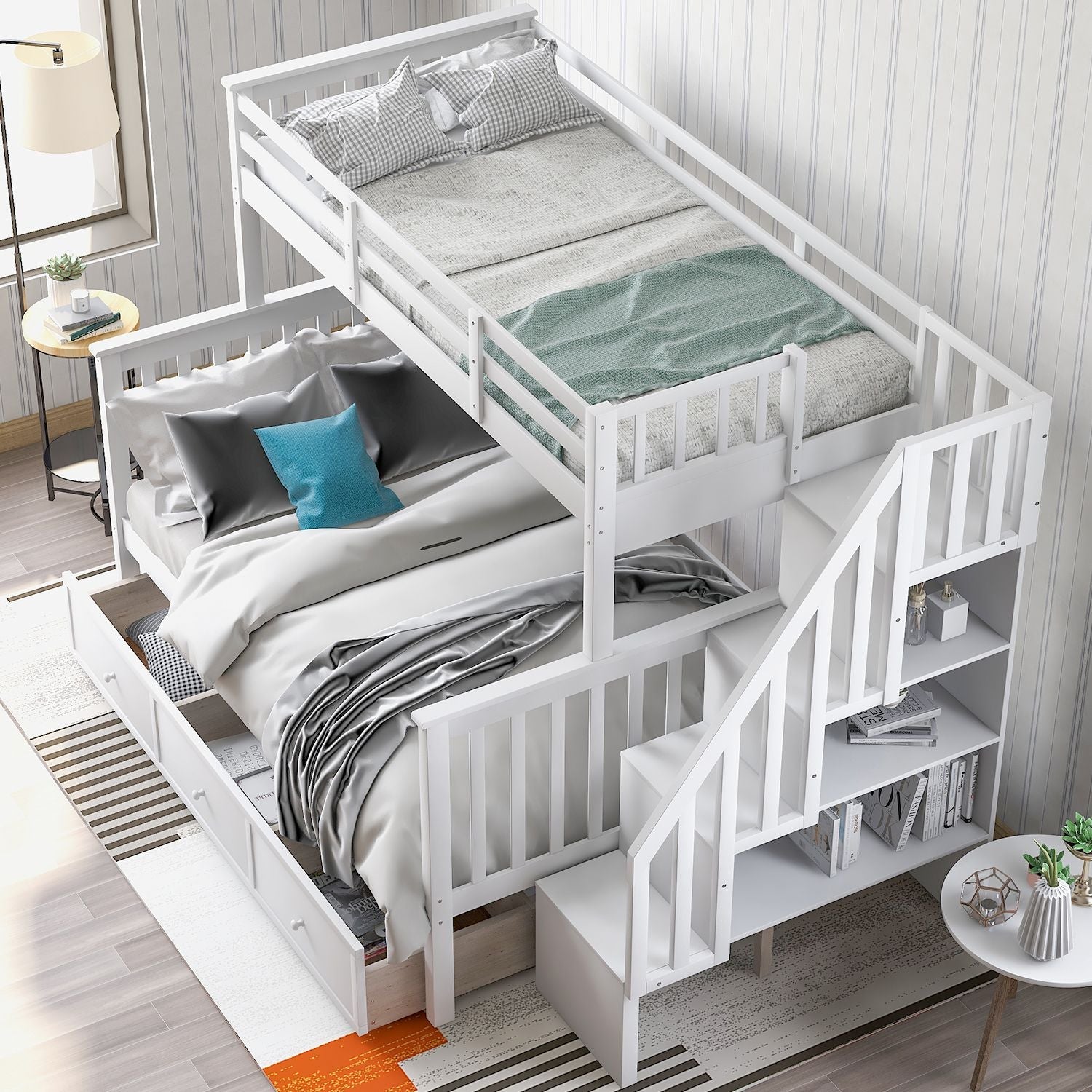 Stairway Twin-Over-Full Bunk Bed with Drawer,  Storage and Guard Rail for Bedroom,  Dorm,  for Adults,  White