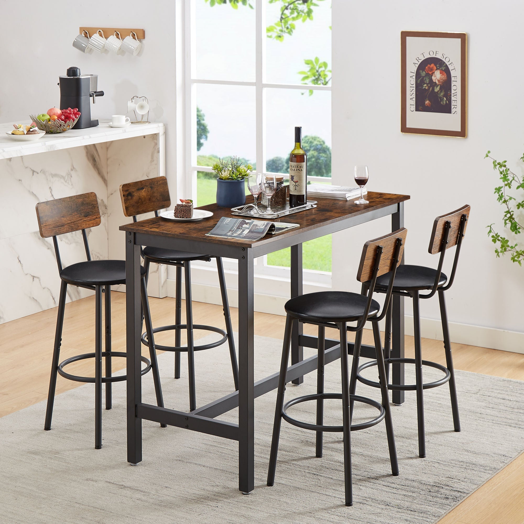 Bar Table Set with 4 Bar stools PU Soft seat with backrest, Rustic Brown-2