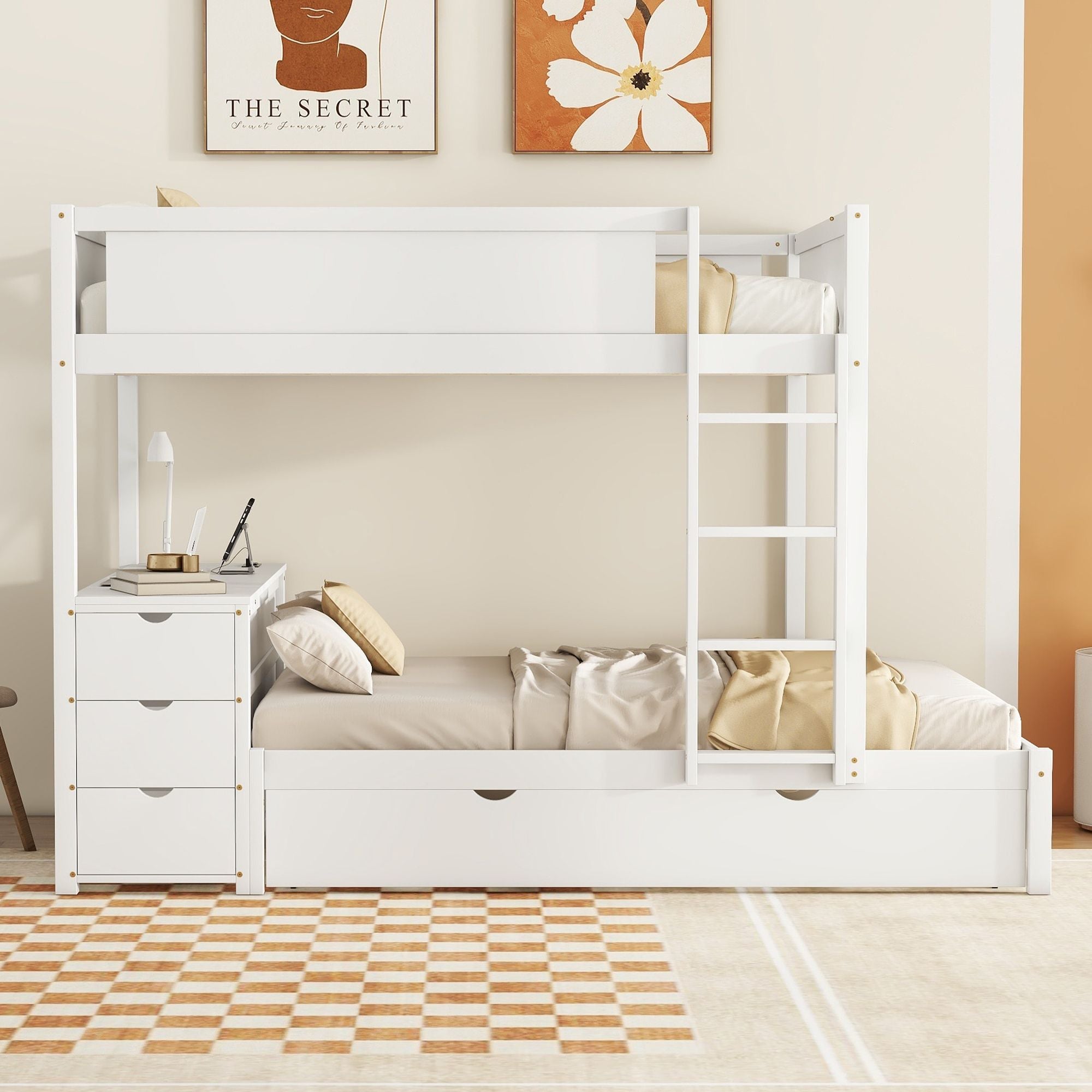 Full Over Full Bunk Bed with Storage, Trundle & Desk - White - Just Better Bunk Beds