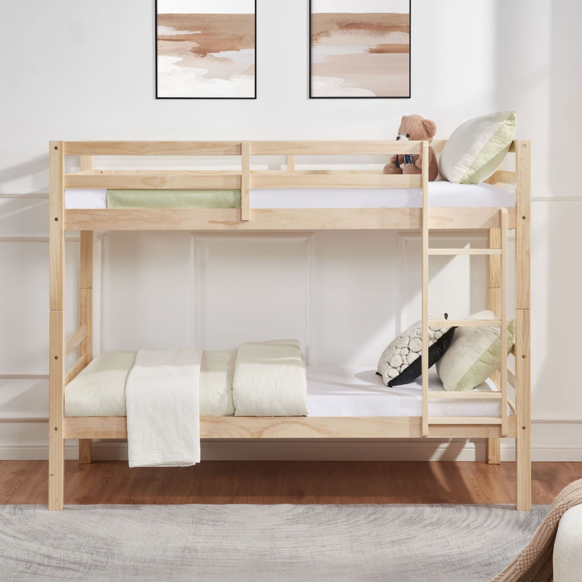 Twin Over Twin Wood Bunk Bed with Safety Rails - Natural - Just Better Bunk Beds