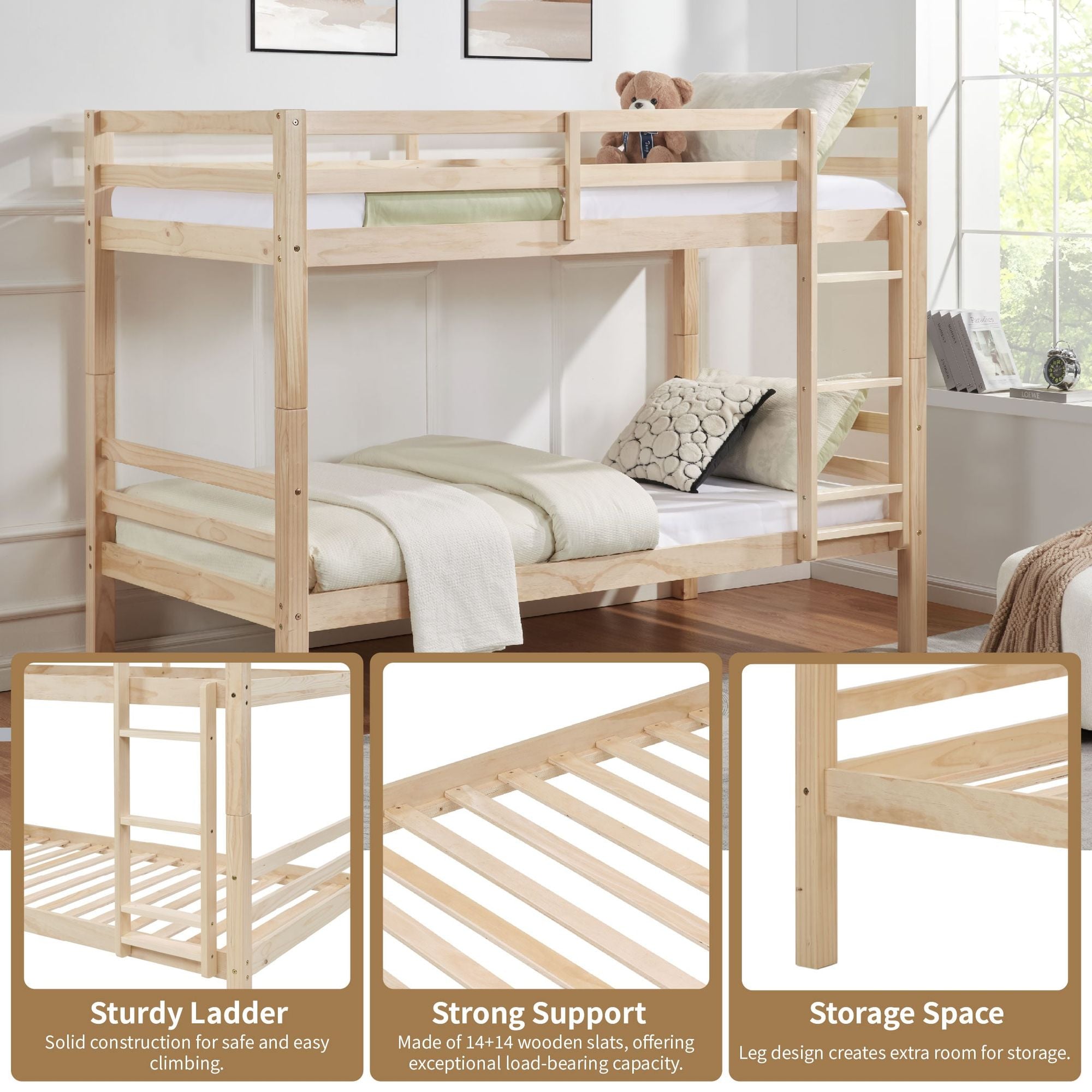 Twin Over Twin Wood Bunk Bed with Safety Rails - Natural - Just Better Bunk Beds