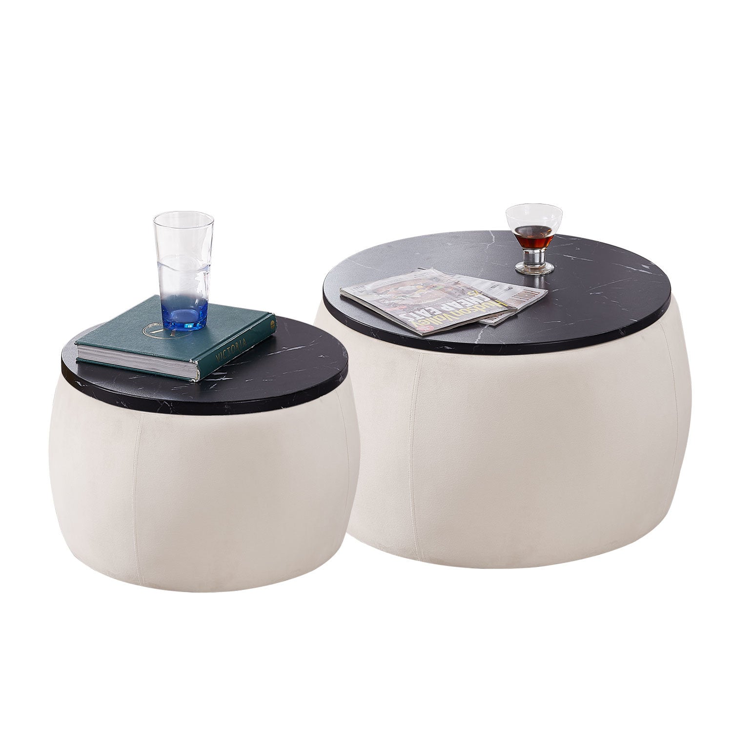 Set of 2 Nesting Round Storage Ottoman, Coffee TableS Footstool with MDF Cover-2