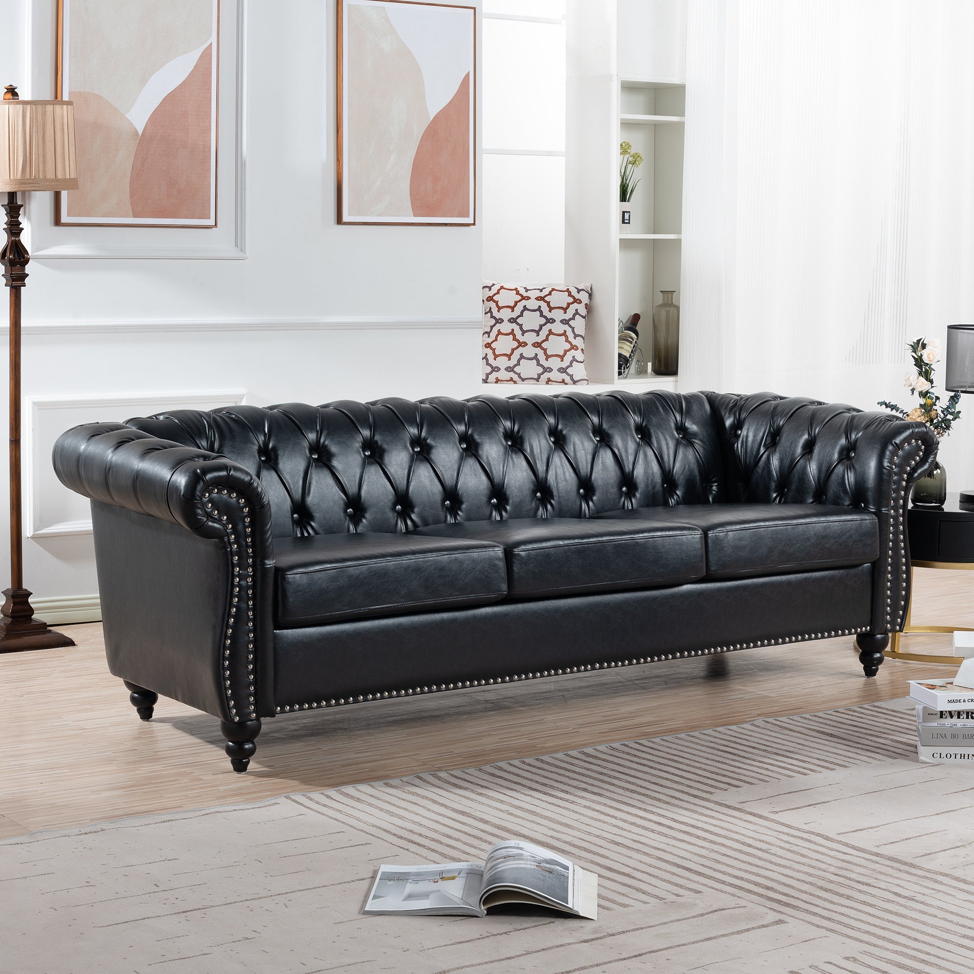 Black PU Rolled Arm Chesterfield Three Seater Sofa-2