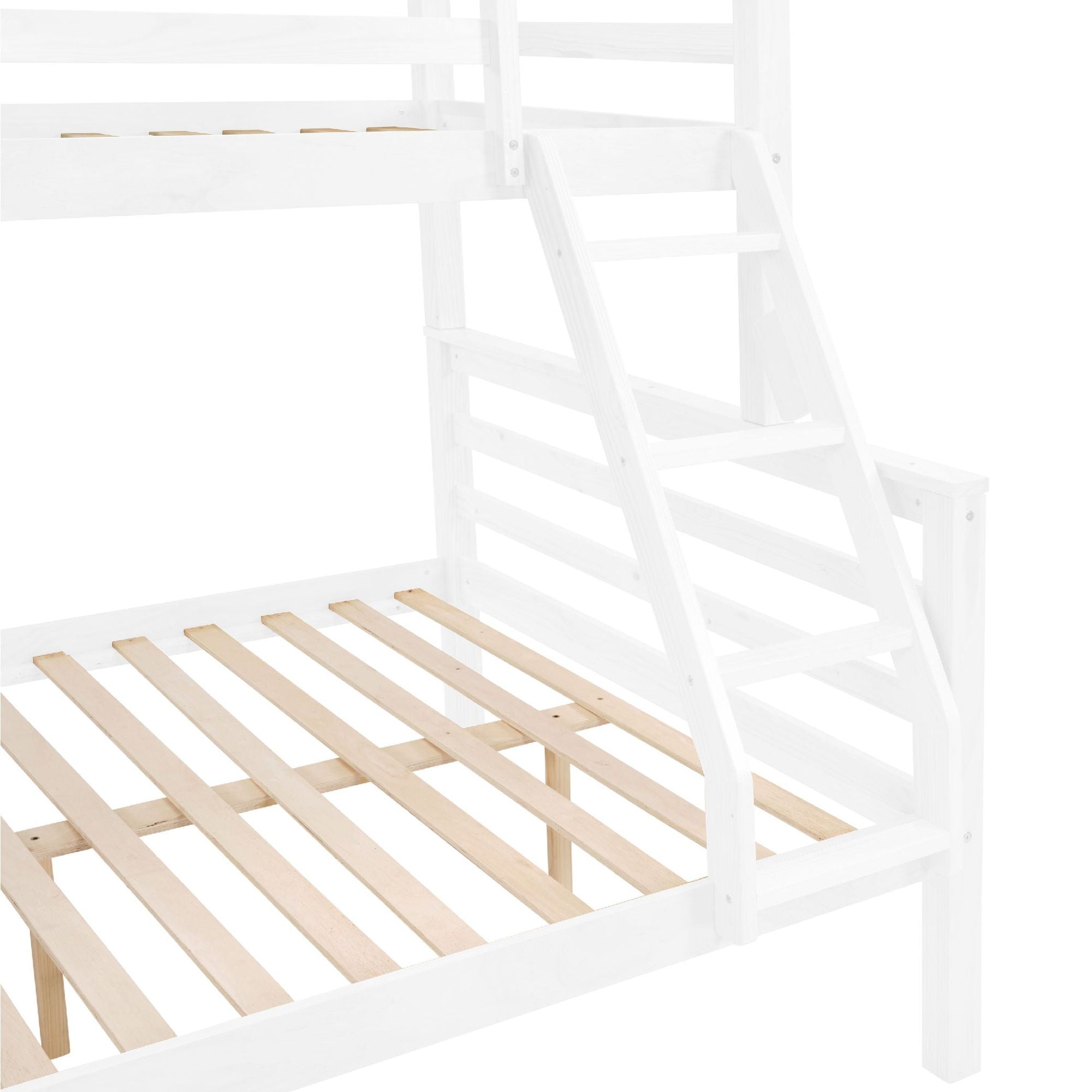 Kids Bedroom Twin Over Full Wood Bunk Bed with Thick Posts, High Guardrail, Ladder, White | Just Better Bunk Beds