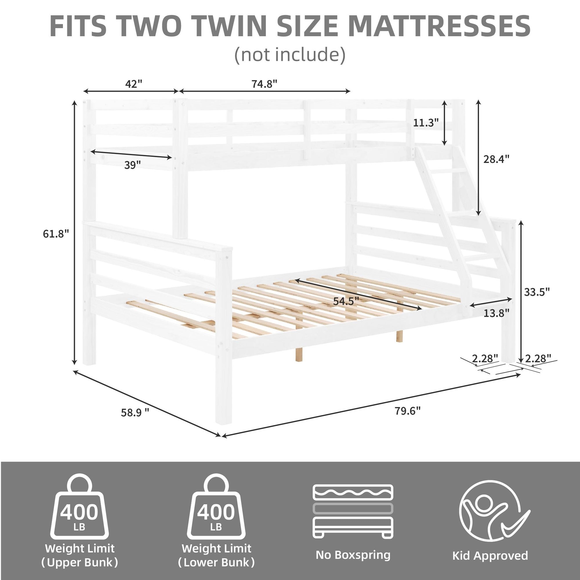 Kids Bedroom Twin Over Full Wood Bunk Bed with Thick Posts, High Guardrail, Ladder, White | Just Better Bunk Beds
