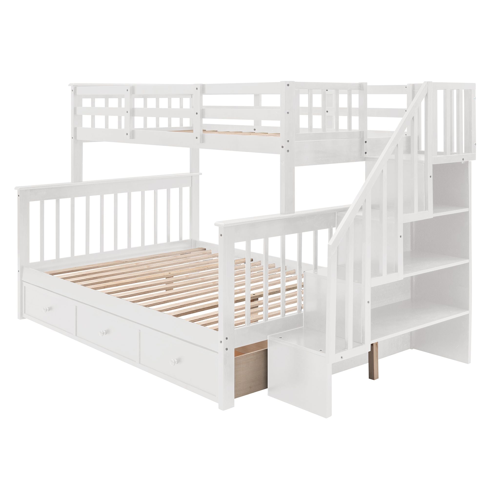 Stairway Twin-Over-Full Bunk Bed with Drawer,  Storage and Guard Rail for Bedroom,  Dorm,  for Adults,  White
