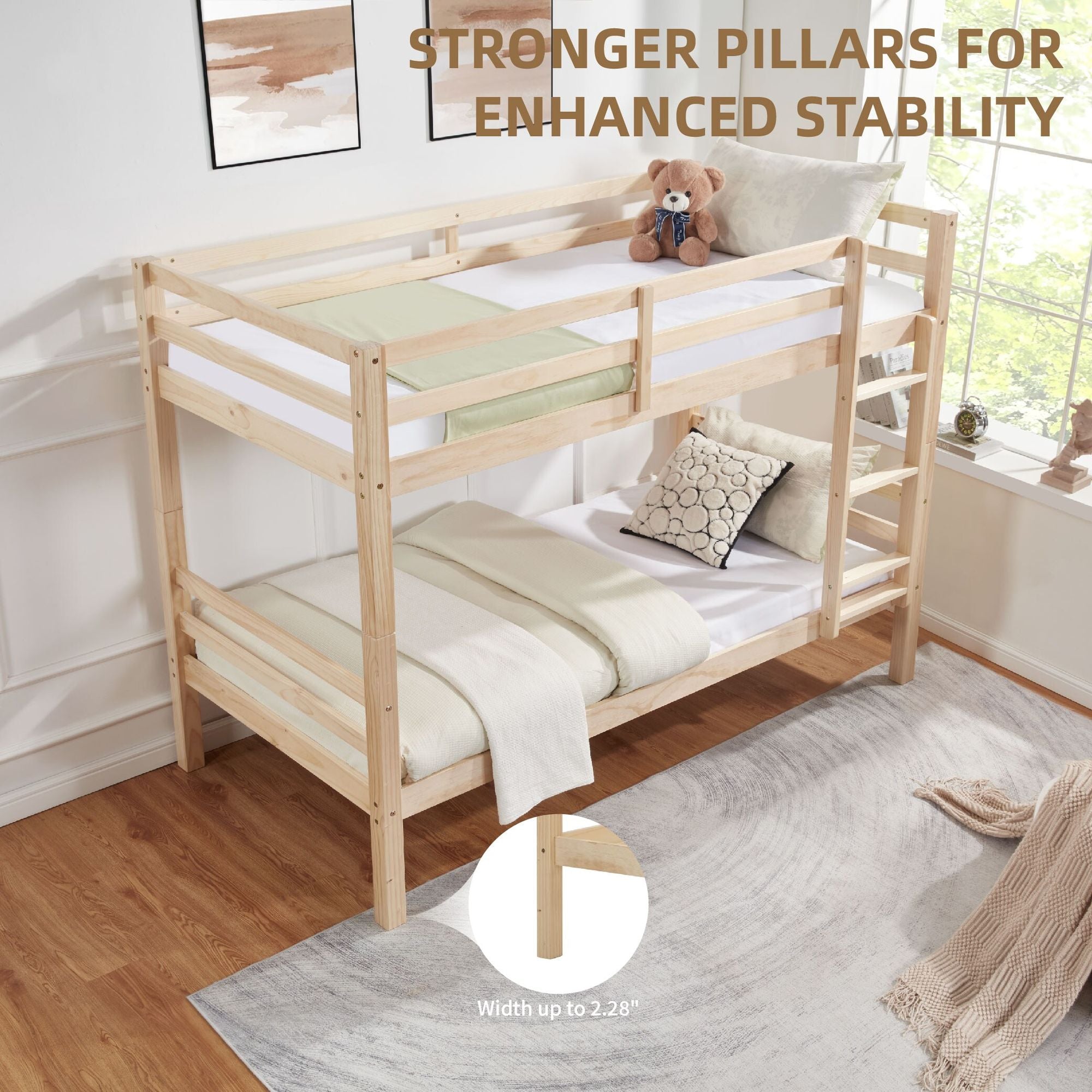 Twin Over Twin Wood Bunk Bed with Safety Rails - Natural - Just Better Bunk Beds