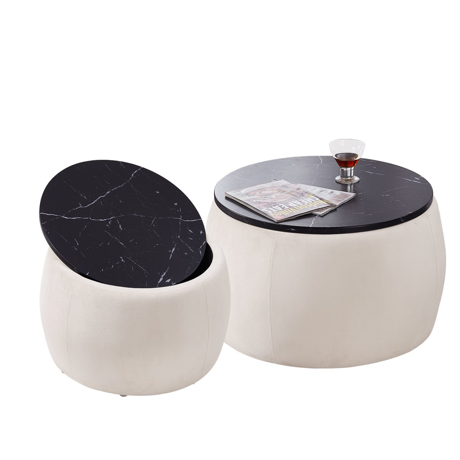 Set of 2 Nesting Round Storage Ottoman, Coffee TableS Footstool with MDF Cover-1