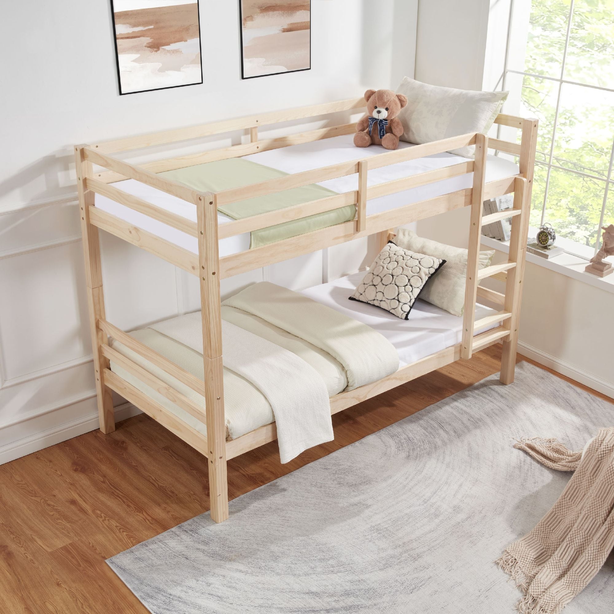 Twin Over Twin Wood Bunk Bed with Safety Rails - Natural - Just Better Bunk Beds