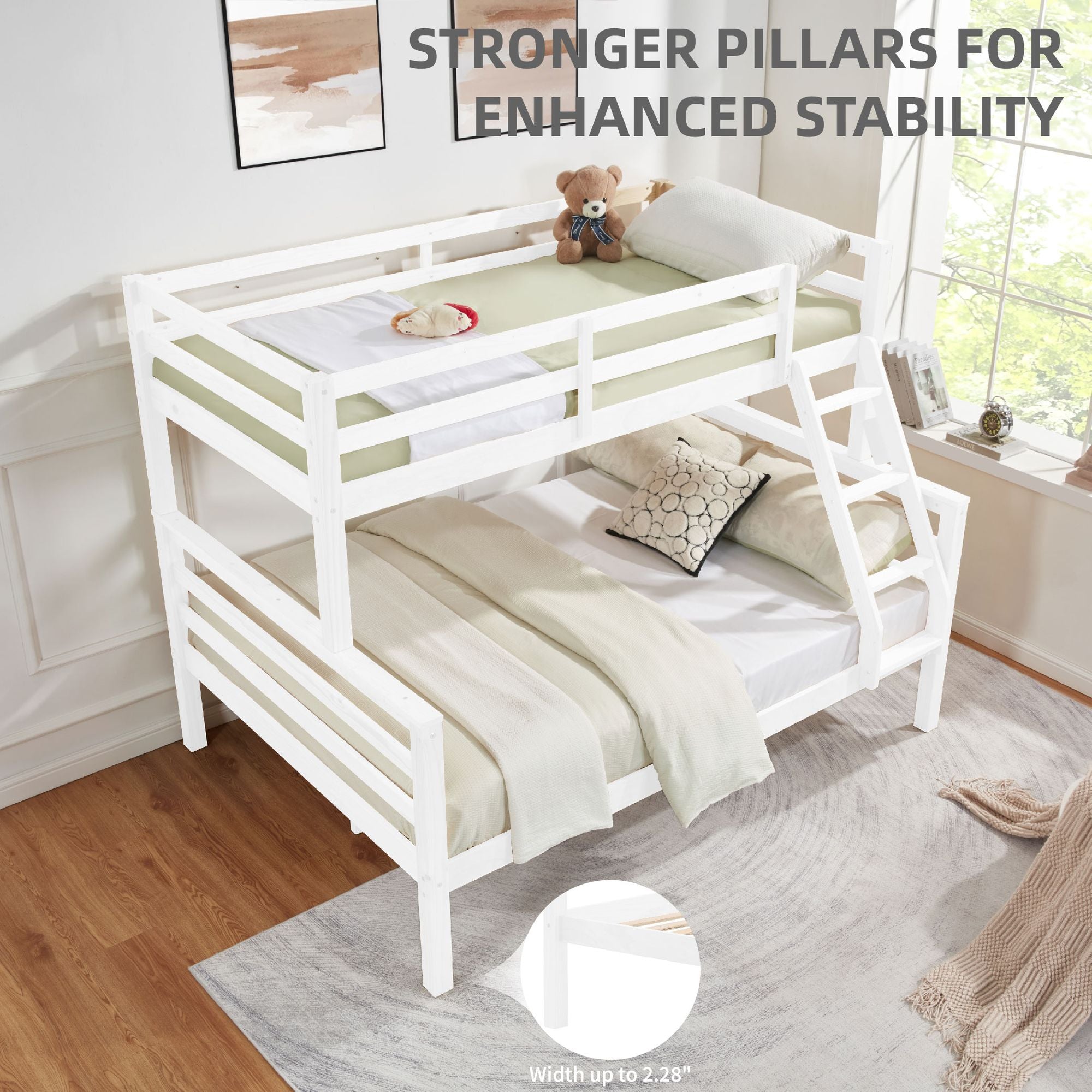 Kids Bedroom Twin Over Full Wood Bunk Bed with Thick Posts, High Guardrail, Ladder, White | Just Better Bunk Beds