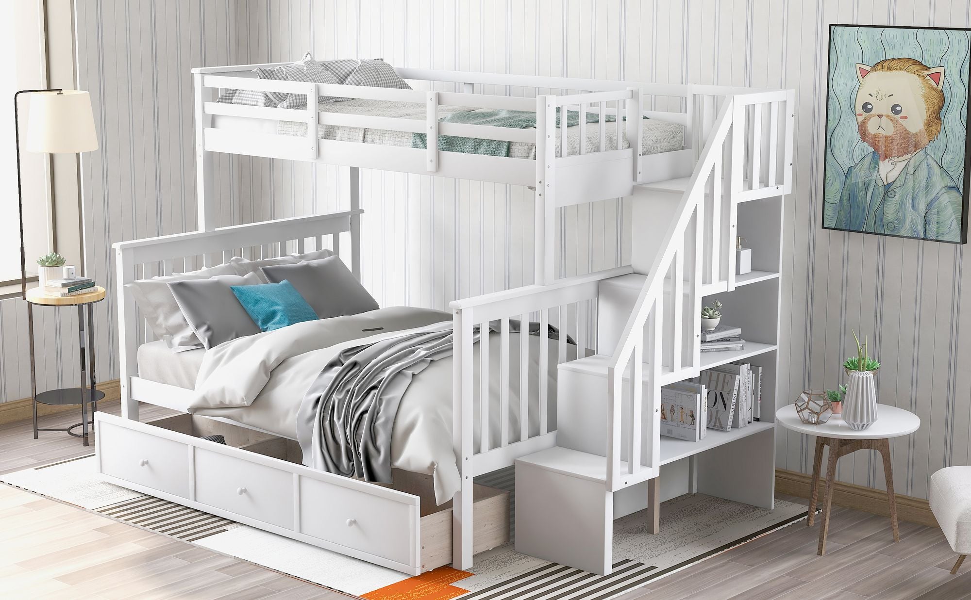 Stairway Twin-Over-Full Bunk Bed with Drawer,  Storage and Guard Rail for Bedroom,  Dorm,  for Adults,  White