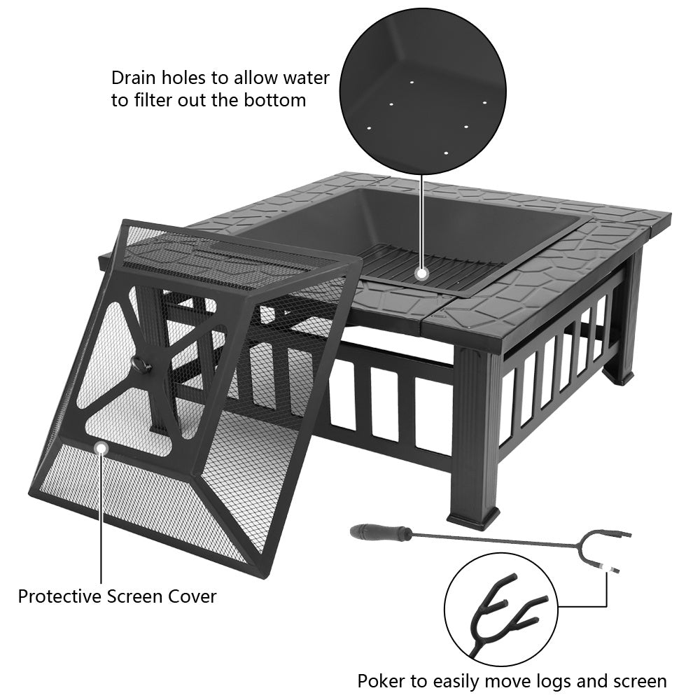 32 Inch Heavy Duty 3 in 1 Metal Square Patio Firepit Table-3