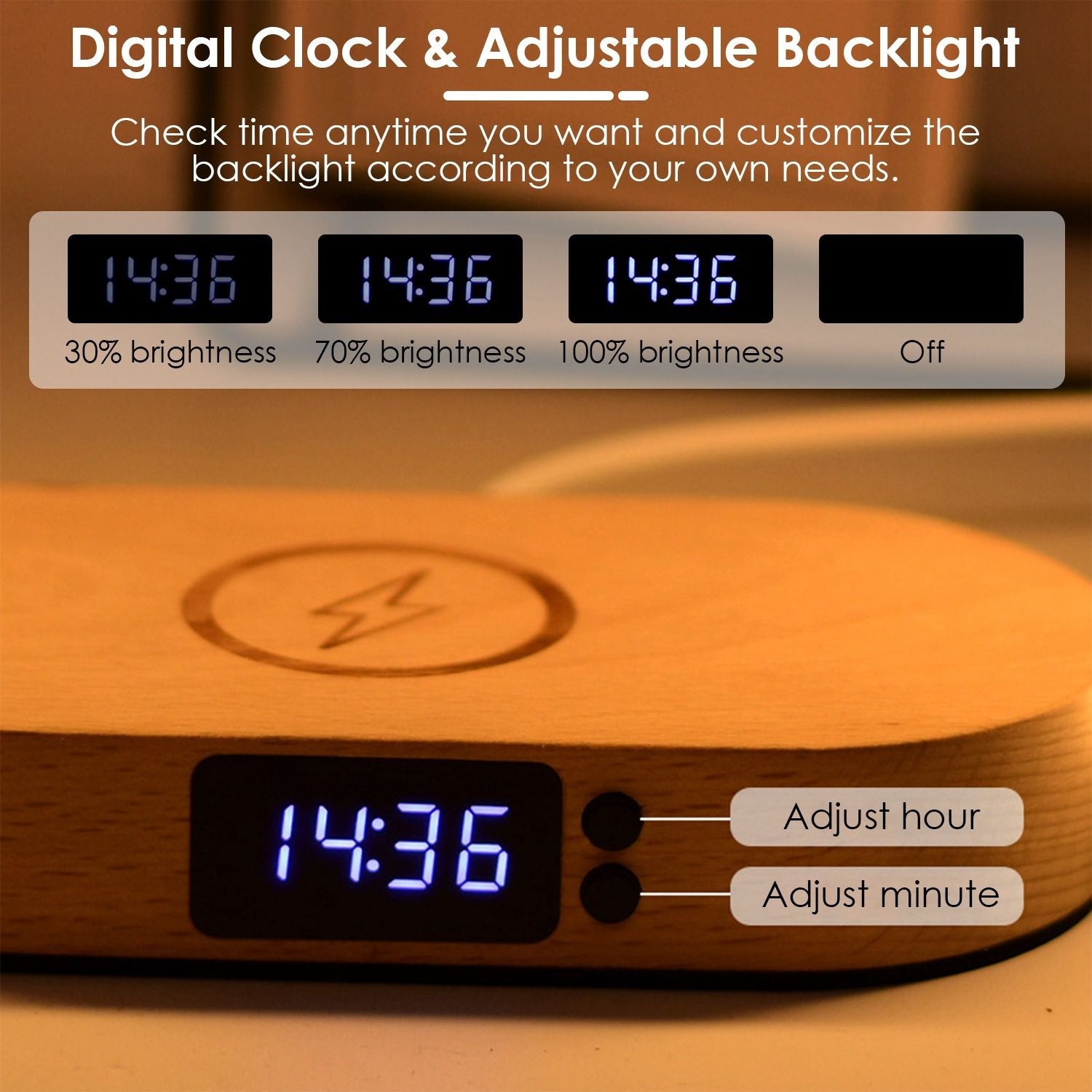 Bedside Table Lamp Touch Control with Clock Wireless Charging-3