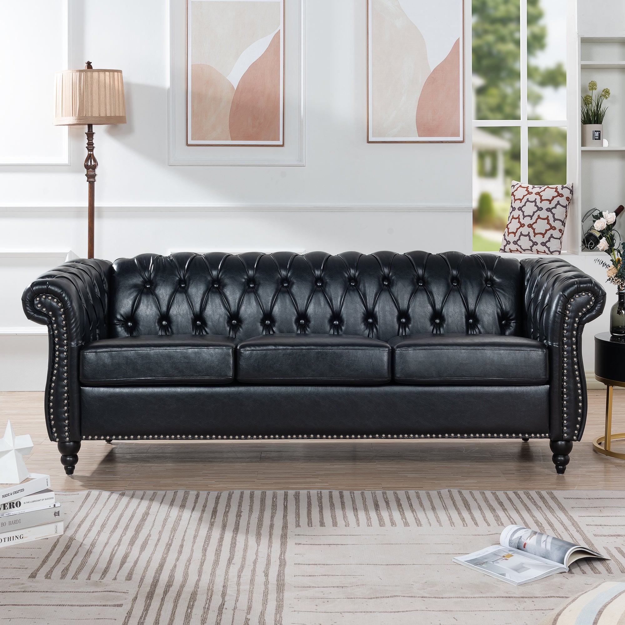 Black PU Rolled Arm Chesterfield Three Seater Sofa-1