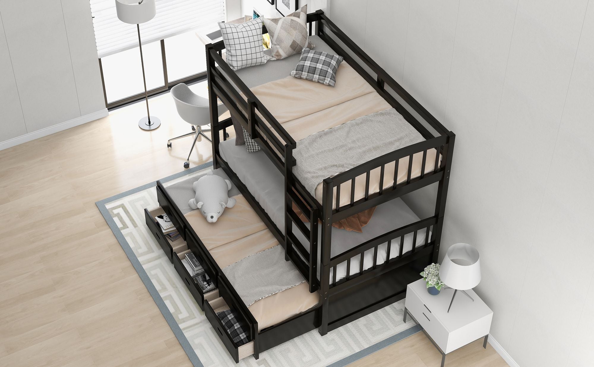 Twin Over Twin Wood Bunk Bed with Drawers & Trundle - White - Just Better Bunk Beds