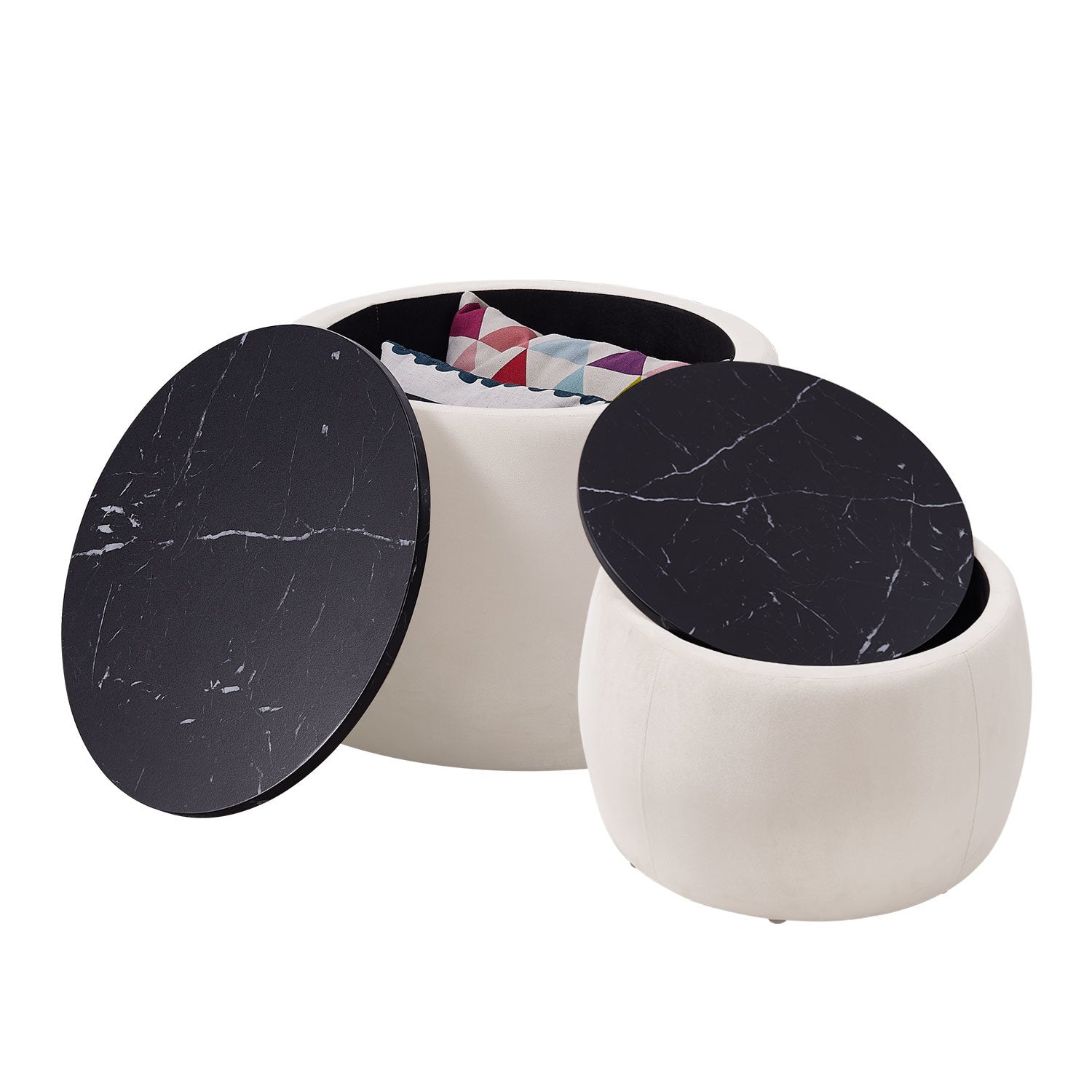 Set of 2 Nesting Round Storage Ottoman, Coffee TableS Footstool with MDF Cover-4