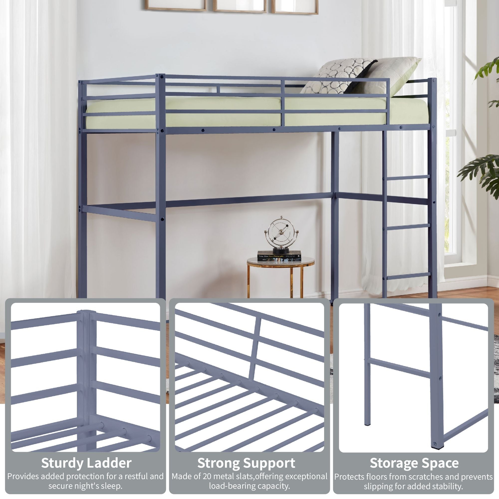 Heavy-Duty Full Metal Loft Bed with Guard Rails and Ladder, Gray | Just Better Bunk Beds
