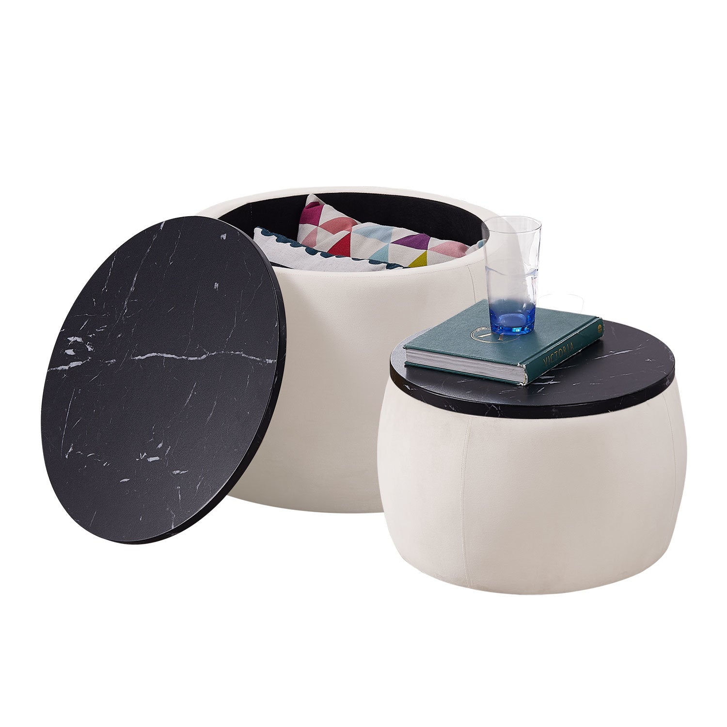 Set of 2 Nesting Round Storage Ottoman, Coffee TableS Footstool with MDF Cover-3