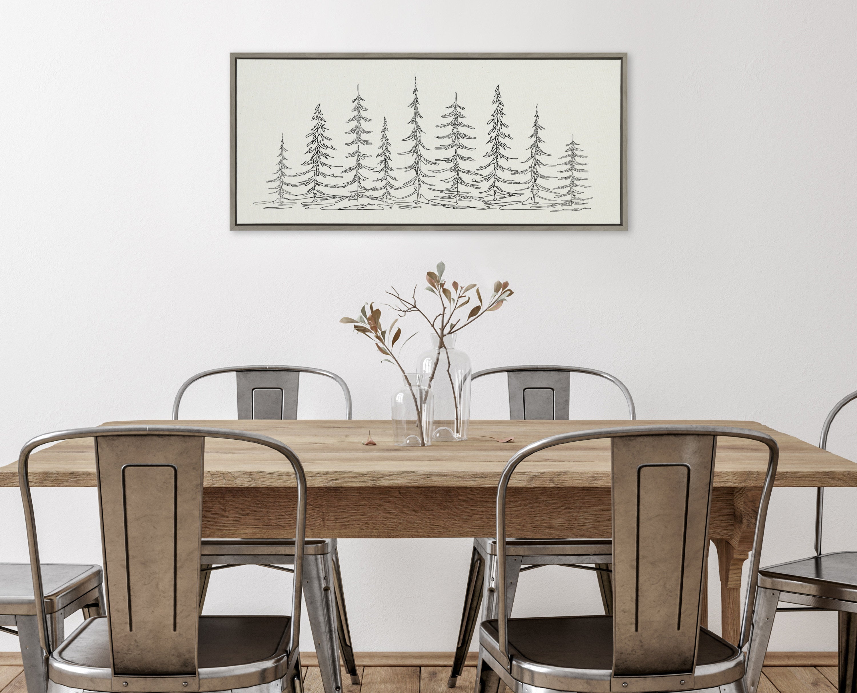 Sylvie Minimalist Evergreen Trees Sketch Framed Canvas by The Creative Bunch Studio