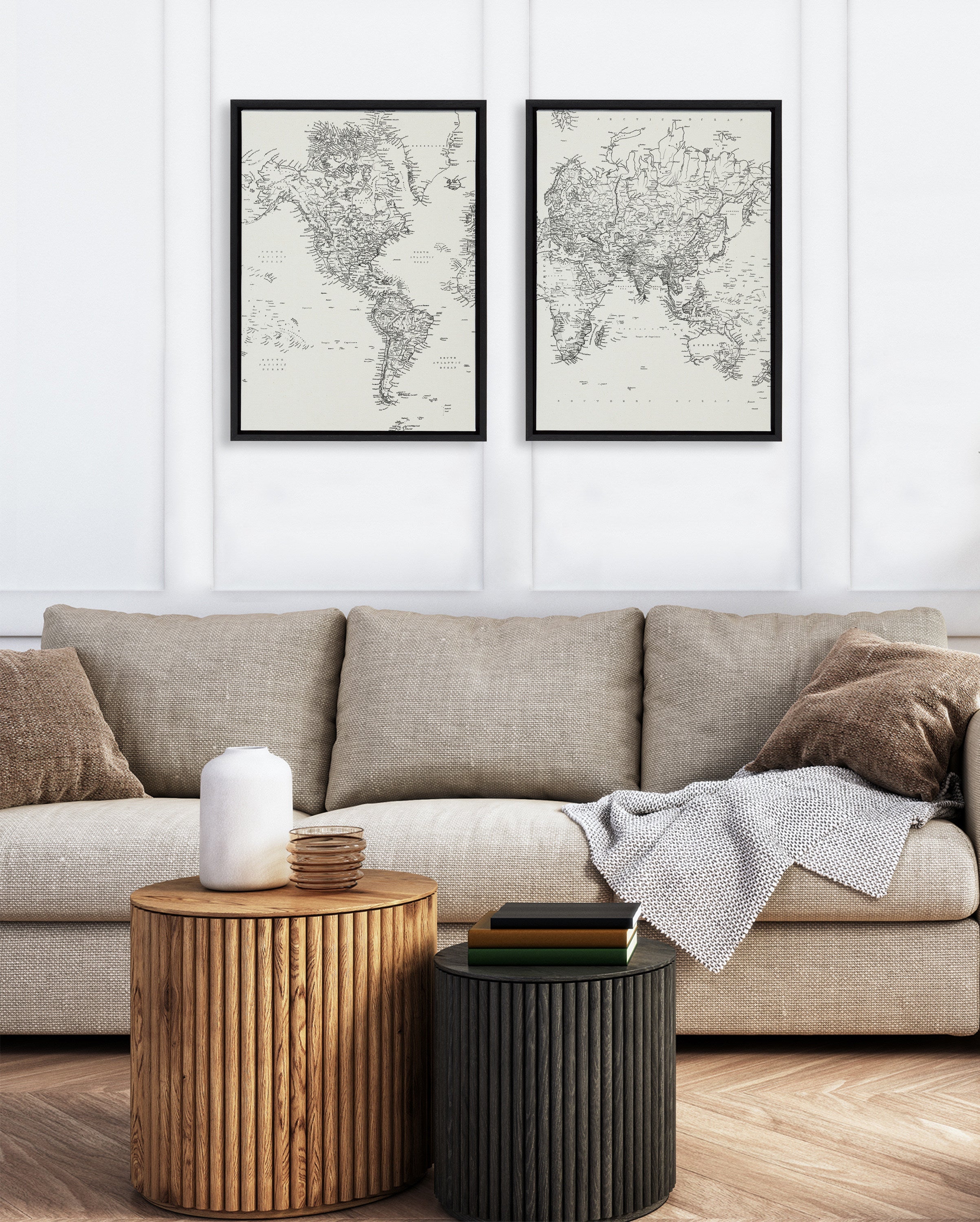 Sylvie Vintage Black and White World Map Framed Canvas Set by The Creative Bunch Studio