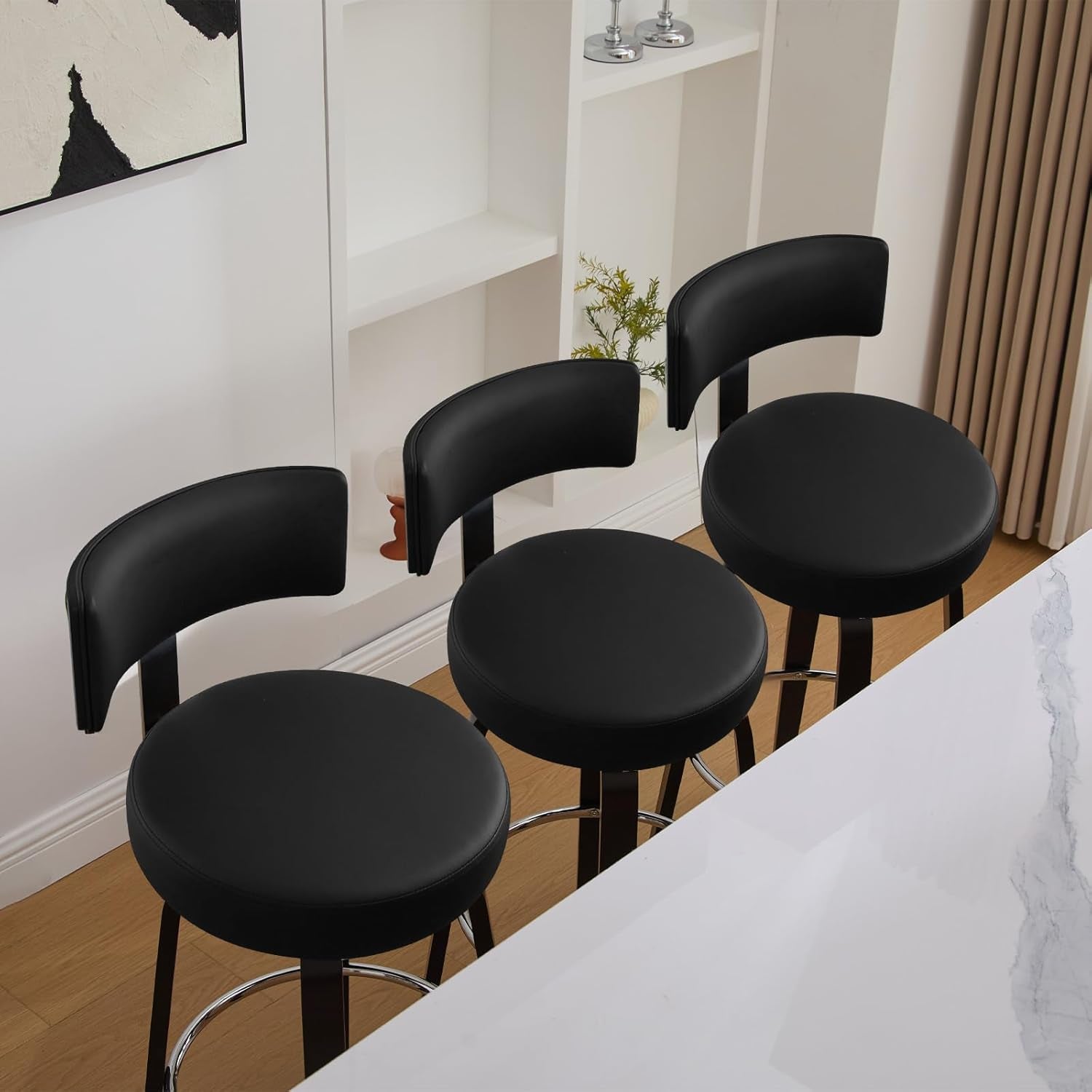 29 Inch Counter Height Black Faux Leather Swivel Bar Stools With Back Set Of 3