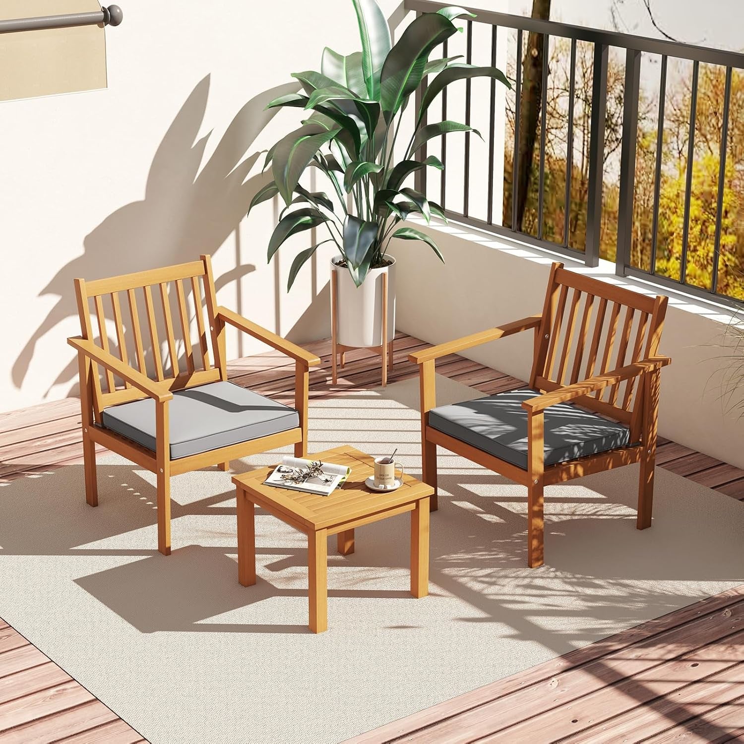3 Piece Patio Wood Furniture Set With Acacia Wood Chairs And Coffee Table Cushions Slatted Grey Outdoor Set