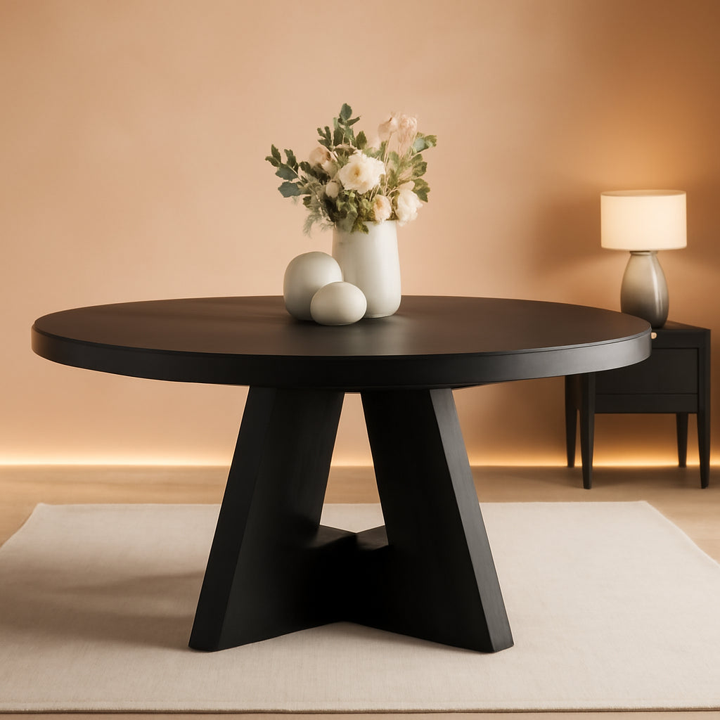 Round Wood Dining Table Farmhouse 47 Inch For Dining Room With Cross Base Black