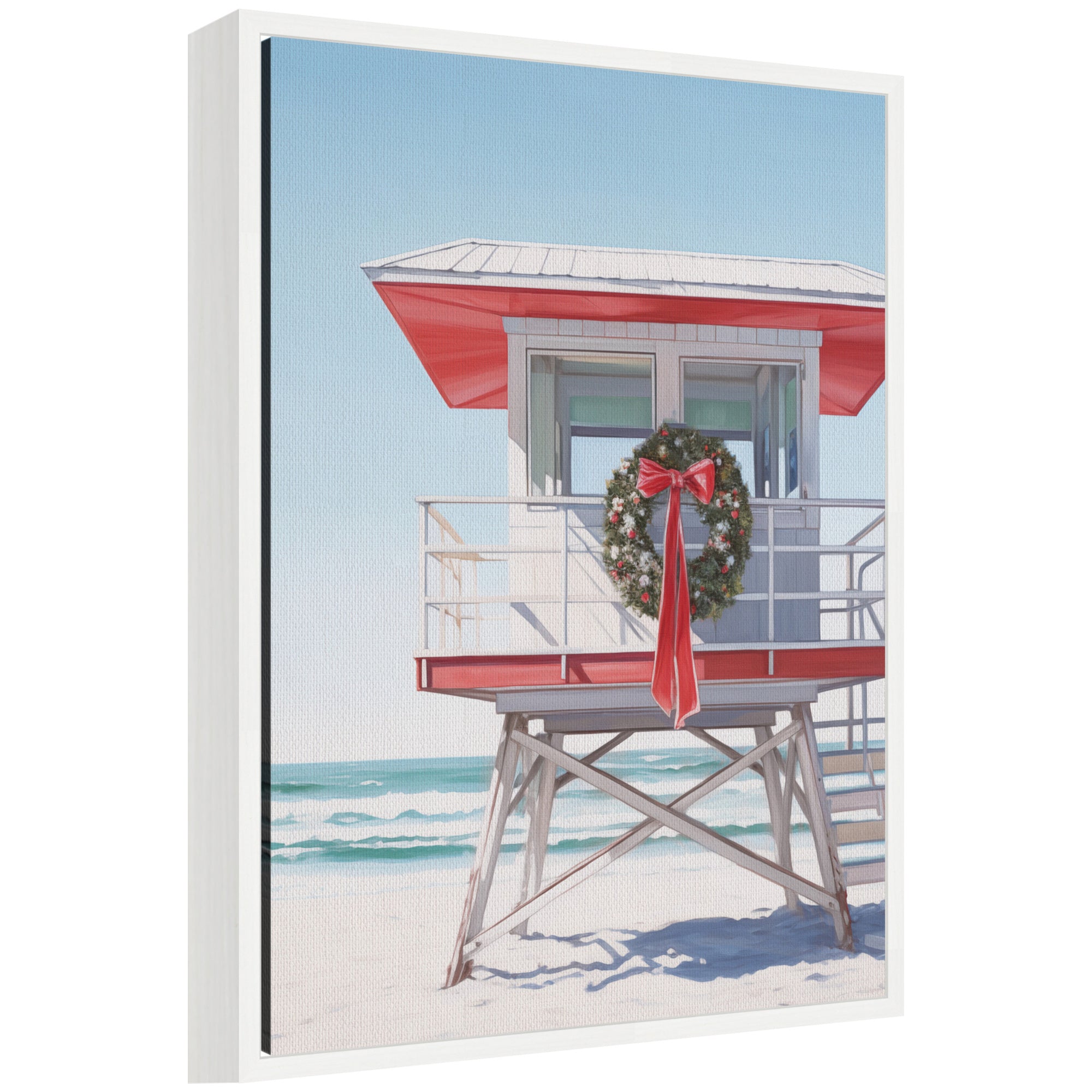 Sylvie Framed Canvas Holiday Wreath Beach Lifeguard Tower by The Creative Bunch Studio