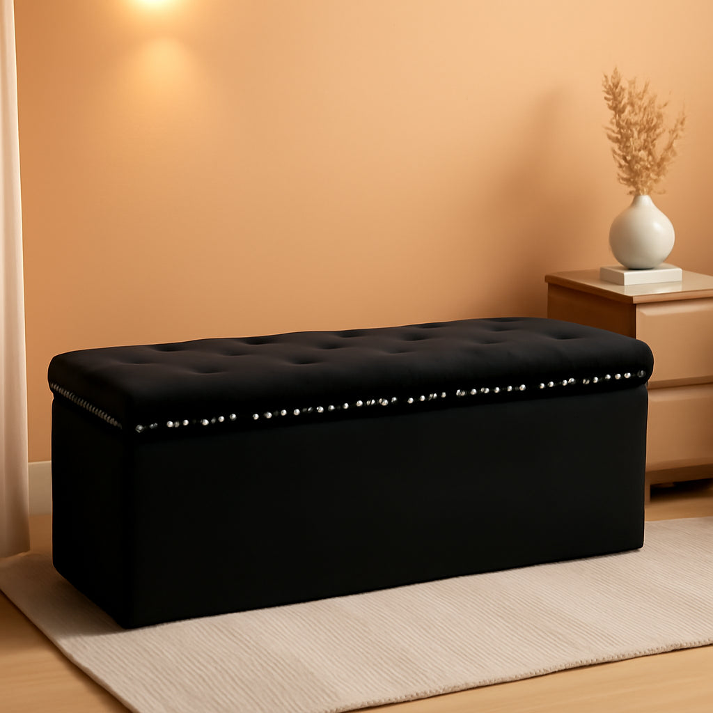 Jet Black Storage Ottoman Bench Seat 43.3 Inch Length