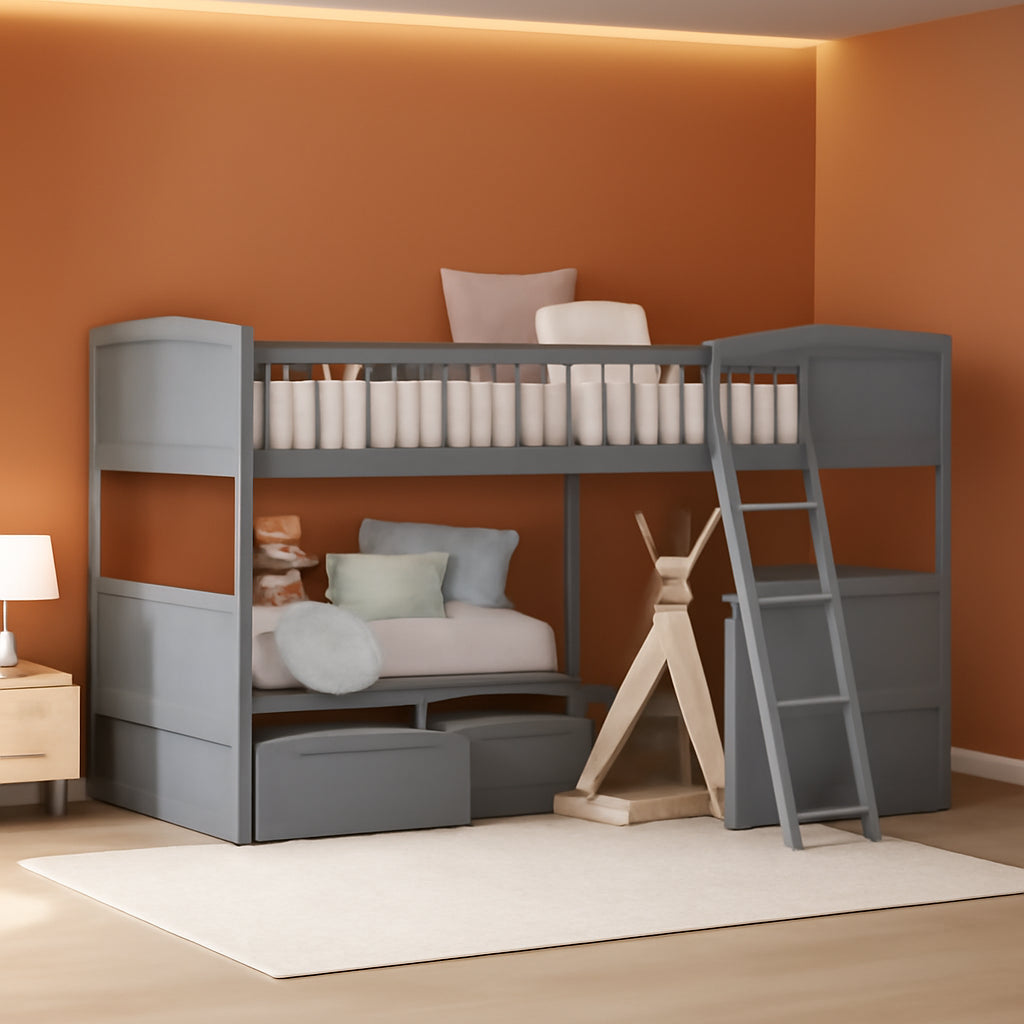 Triple Bunk Bed for Kids L Shaped Bunk Bed Solid Wood Twin over Twin over Twin Bed with 2 Drawers and 2 Ladders, No Box Spring Needed, Gray-0