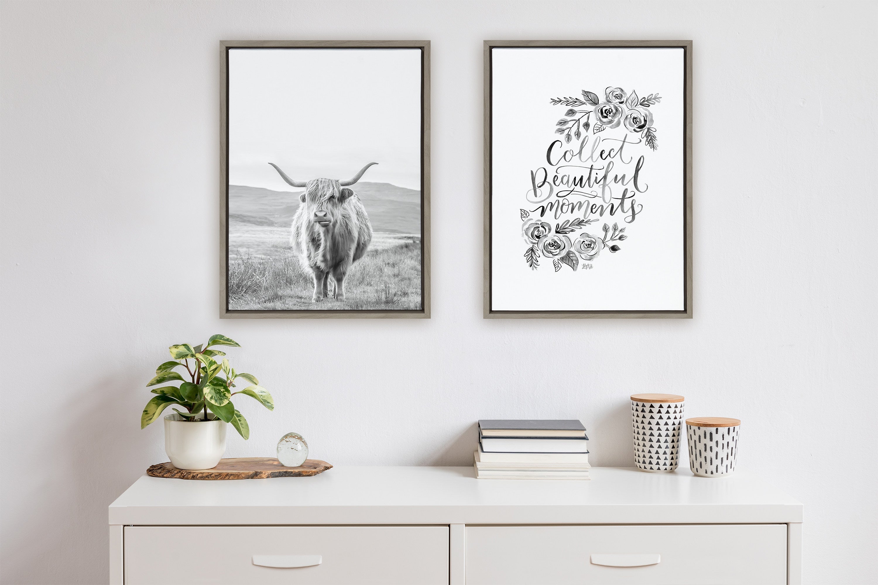 Sylvie Highland Cow Mountain Landscape Black and White Framed Canvas by The Creative Bunch Studio