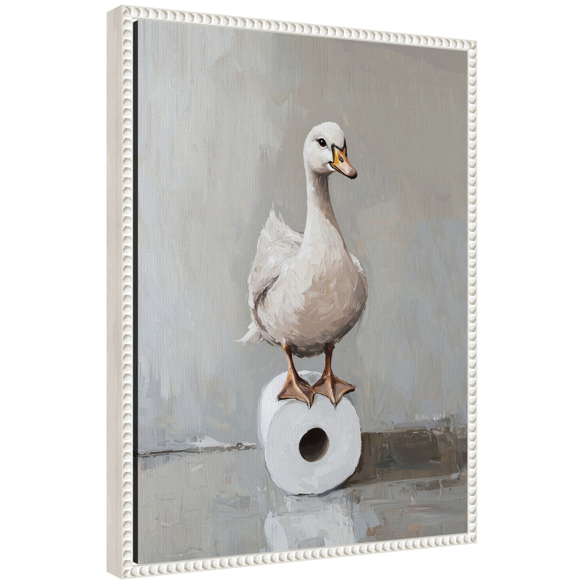 Sylvie Goose Standing on a Toilet Paper Roll Bathroom Art Framed Canvas by The Creative Bunch Studio