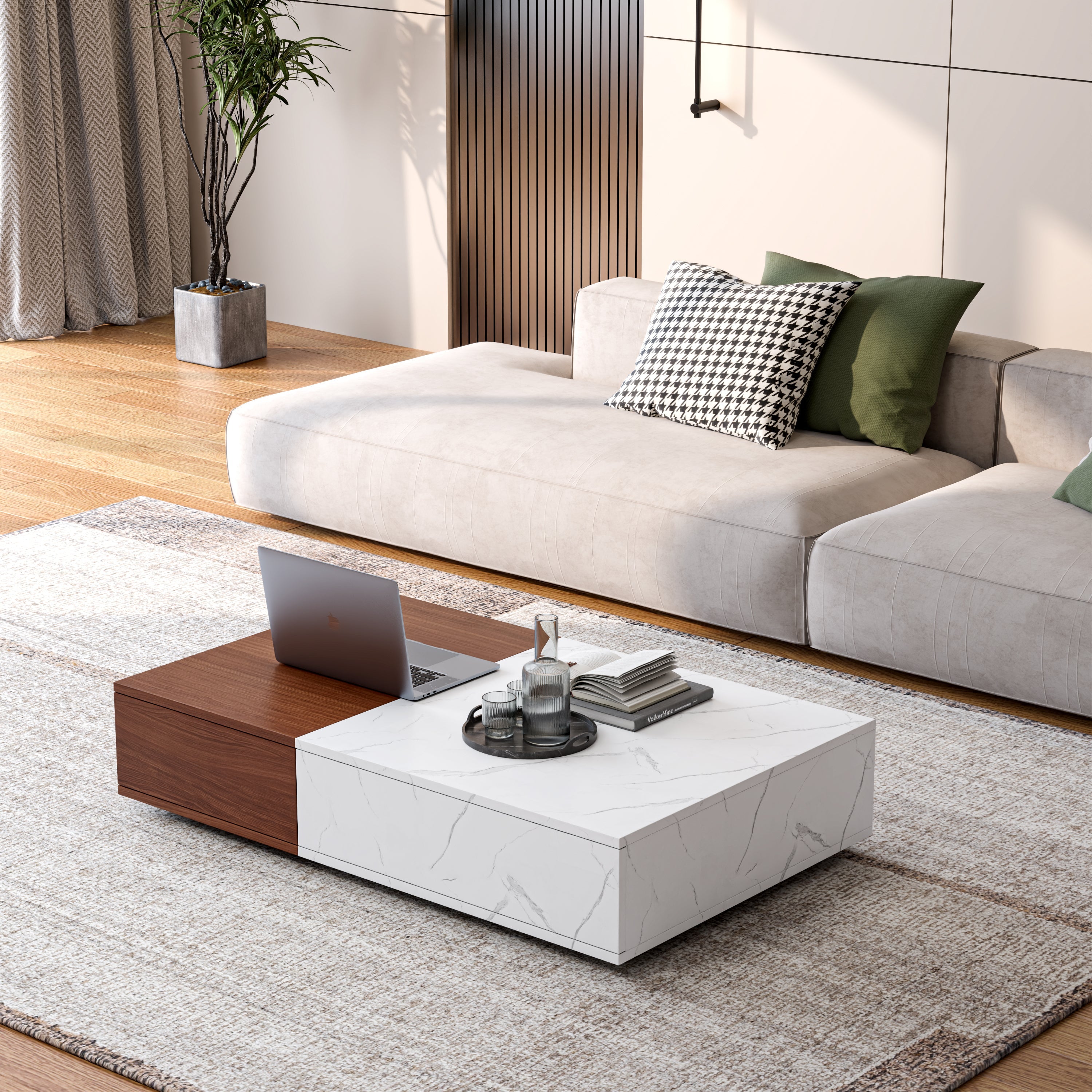 Modern Style Walnut Coffee Table With Two Storage Spaces-2