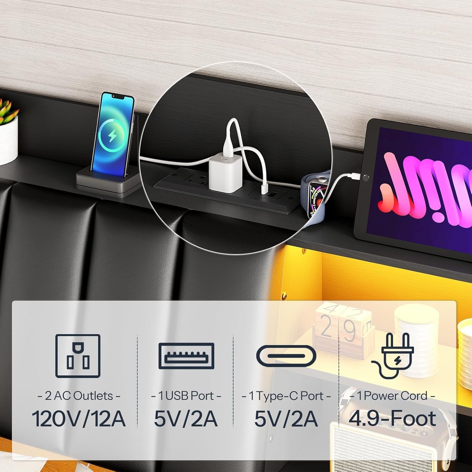 Upholstered Full Size Headboard with LED Lights and Storage