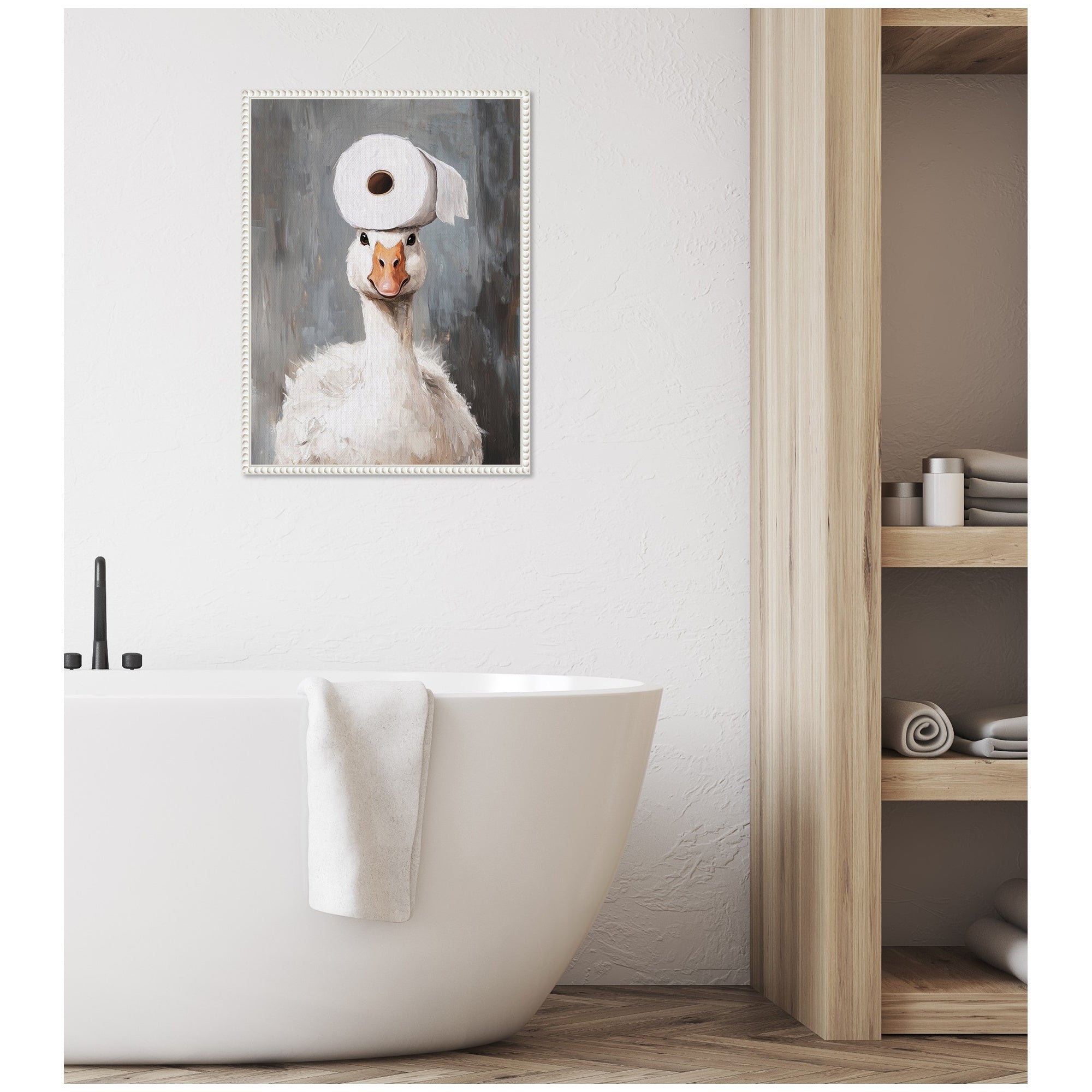 Sylvie Toilet Paper Roll on Cute Goose Head Bathroom Art Framed Canvas by The Creative Bunch Studio