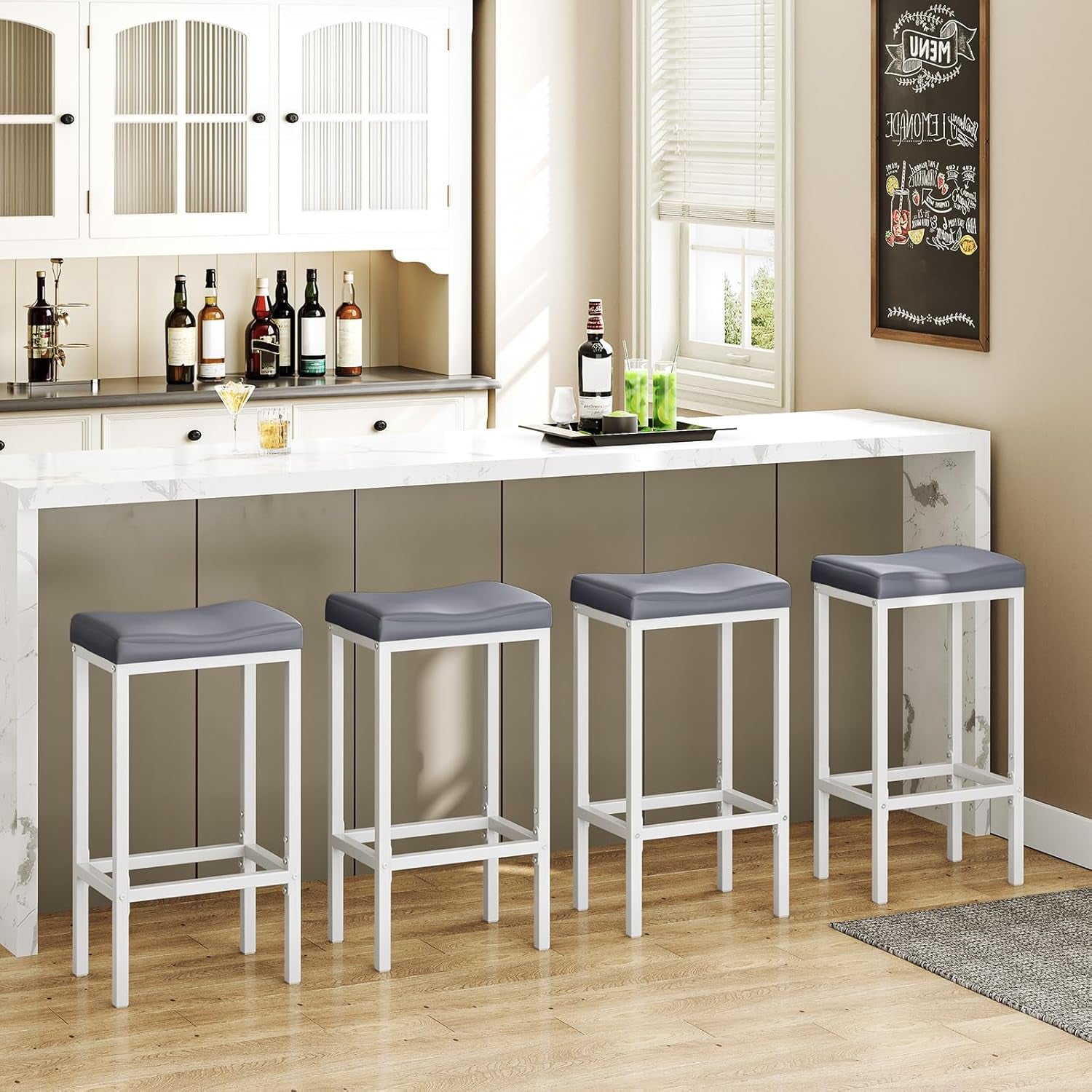 Saddle Bar Stools Set of 2, 24.8 Inches, White and Gray