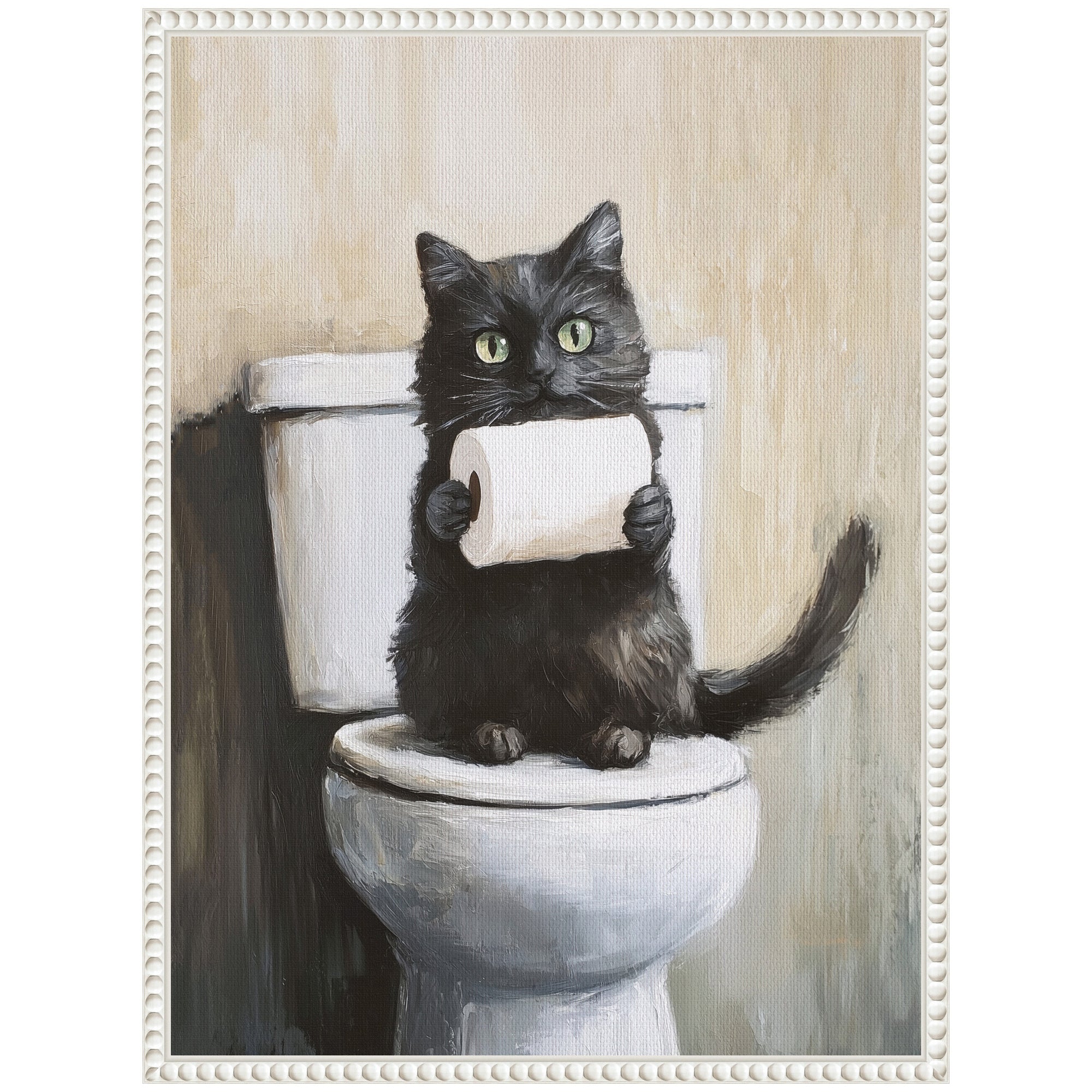 Sylvie Mischievous Black Cat Holding Toilet Paper Roll Toilet Bathroom Art Framed Canvas by The Creative Bunch Studio