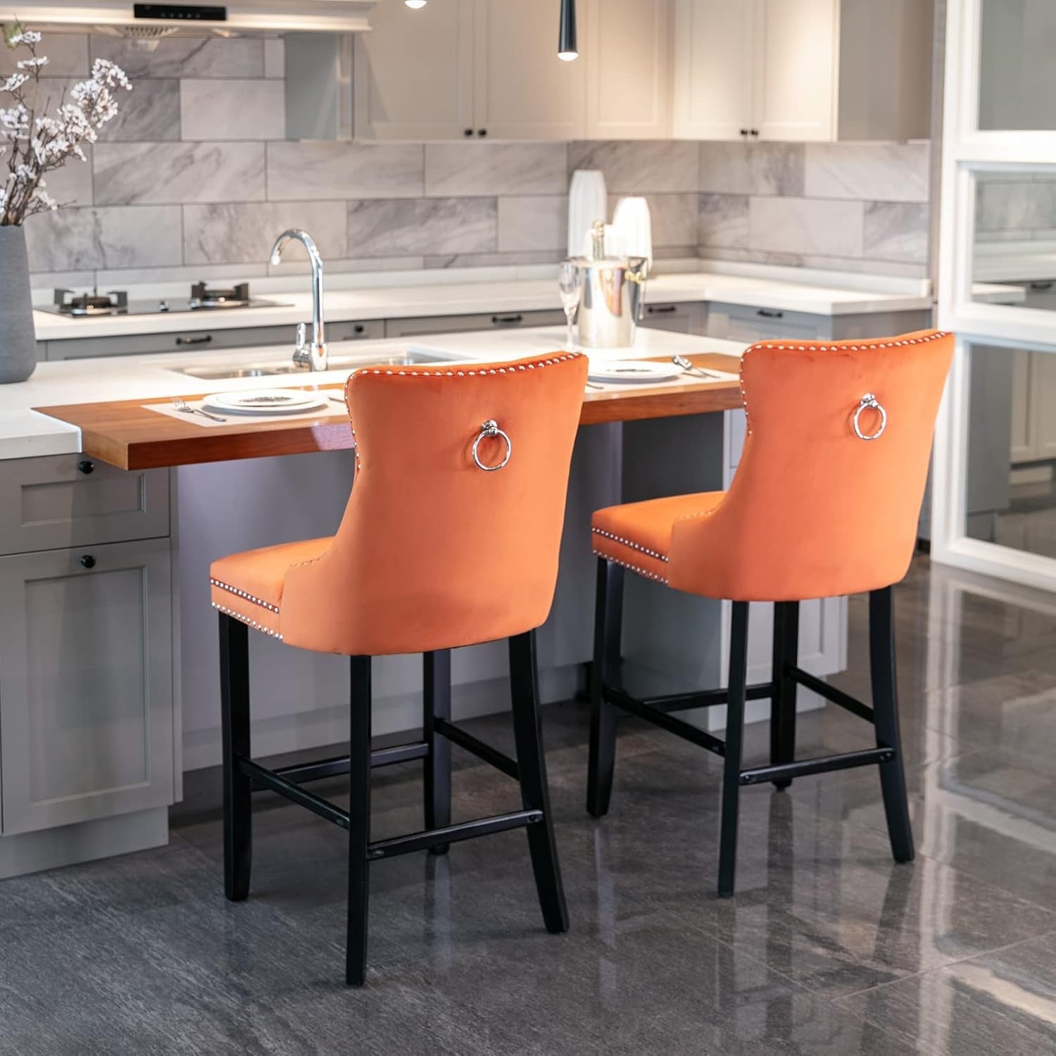 Wingback Velvet Bar Stools Set Of Two Orange Counter Height